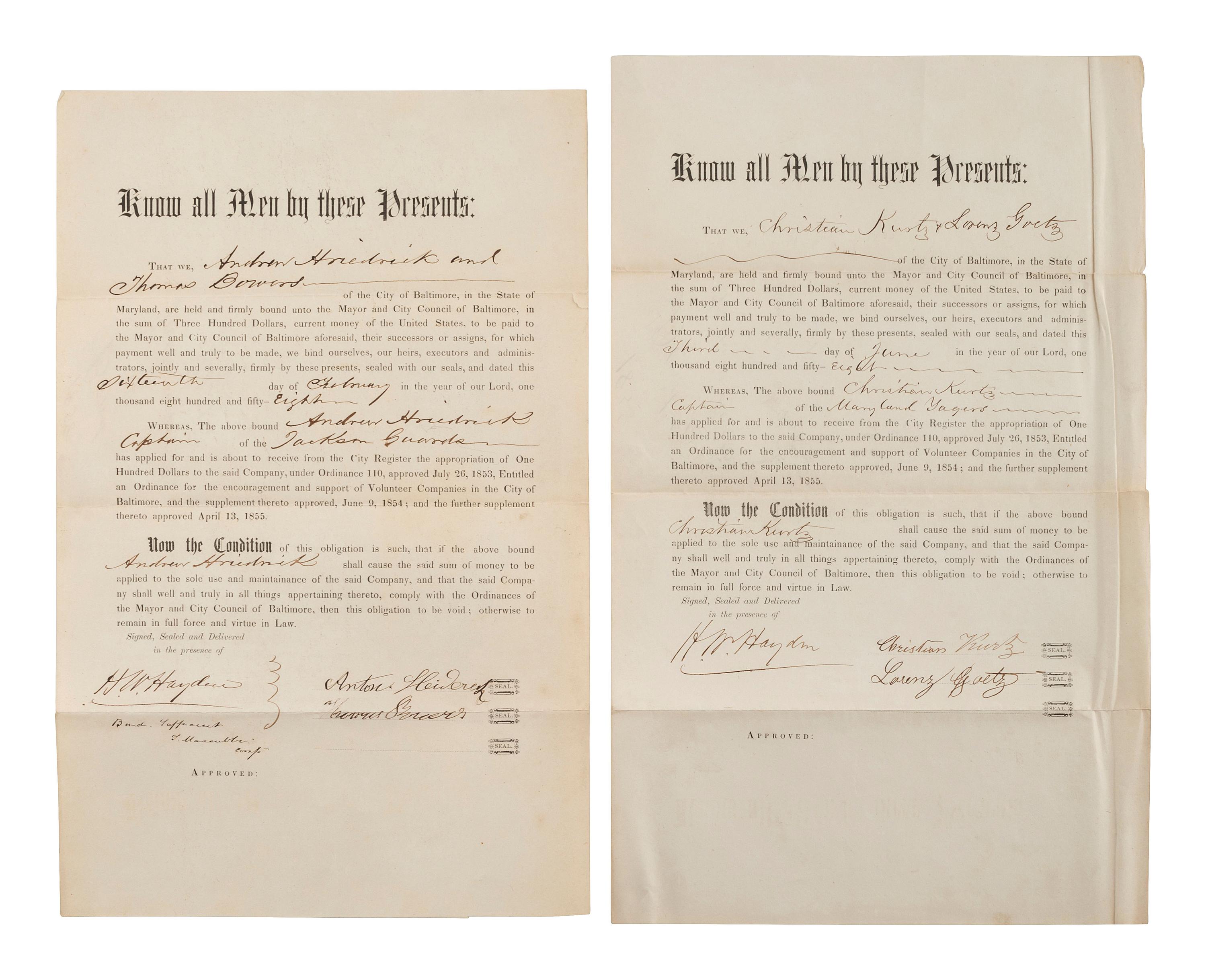 [CIVIL WAR-MARYLAND]. Applications for support & pre-war bonds of appropriations for miltias.
