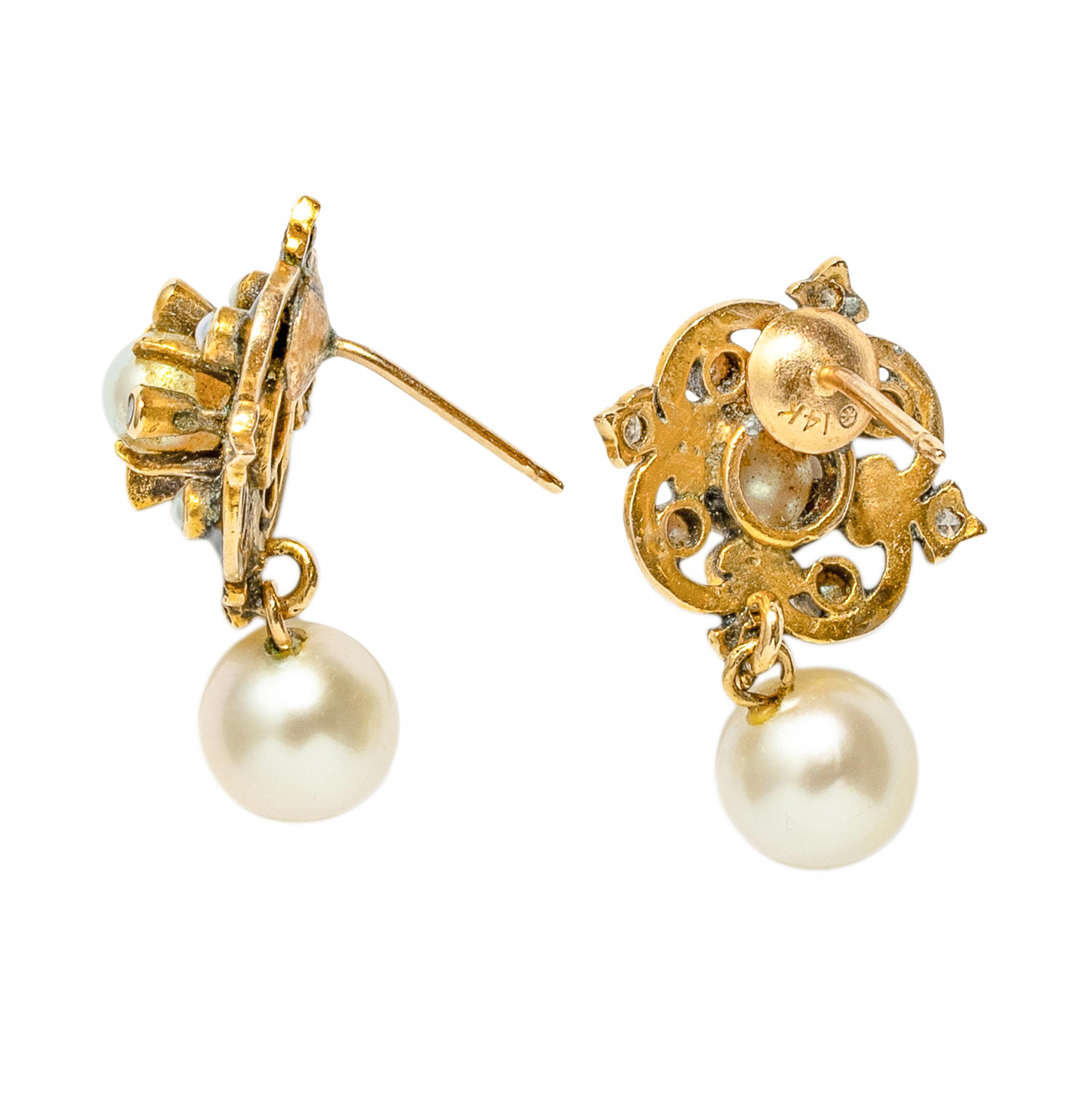 Diamond, Seed Pearl, and Cultured Pearl Earrings