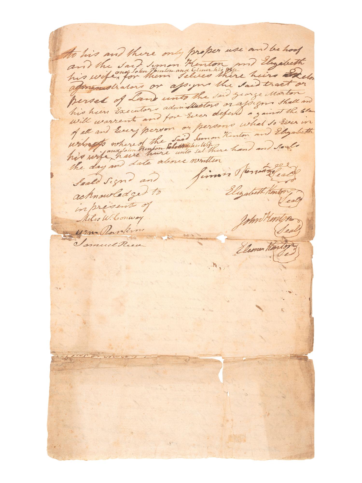 KENTON, Simon (1755-1836). Manuscript land indenture signed ("Simon Kenton"), 6 March 1801.