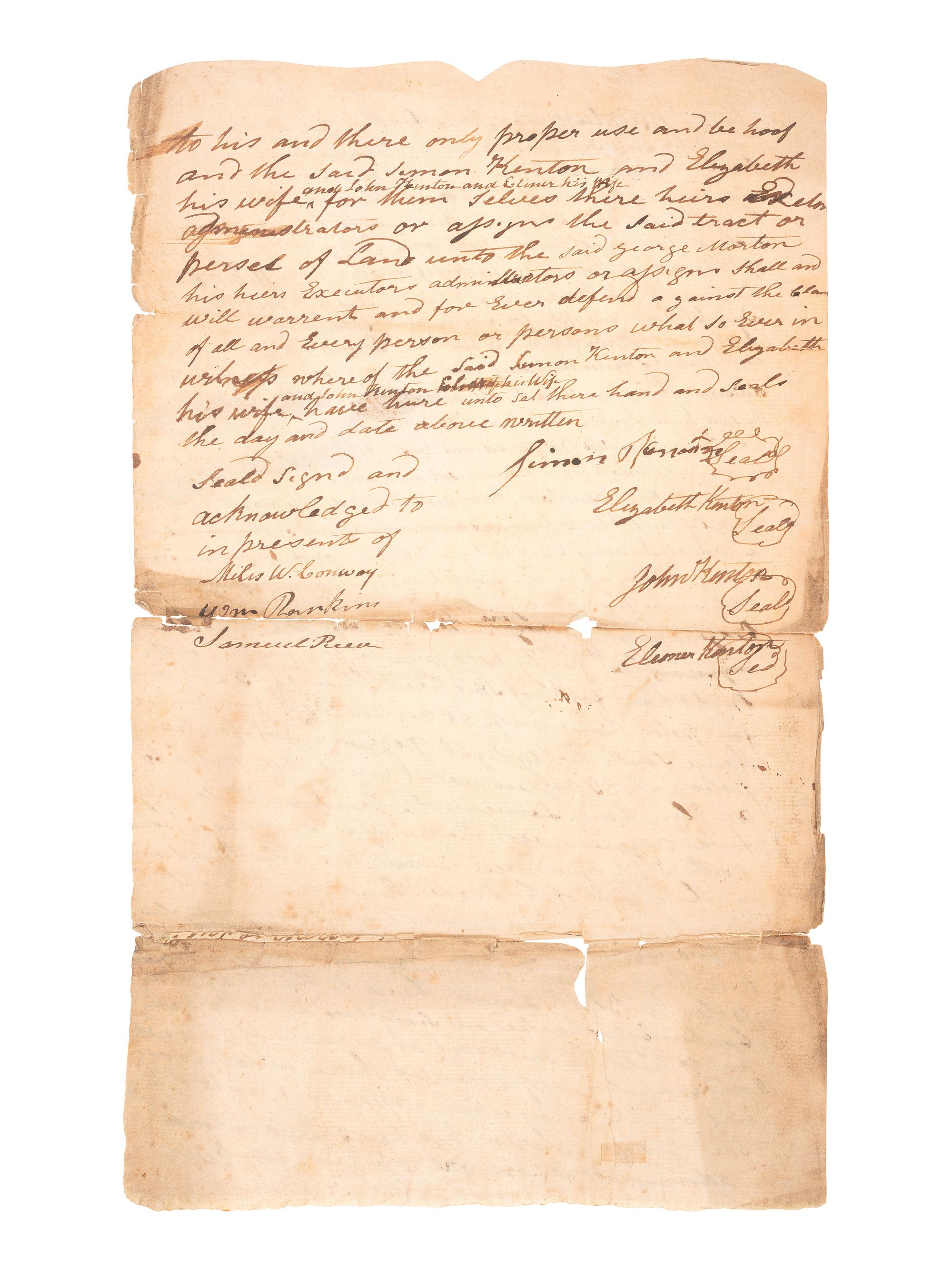 KENTON, Simon (1755-1836). Manuscript land indenture signed ("Simon Kenton"), 6 March 1801.