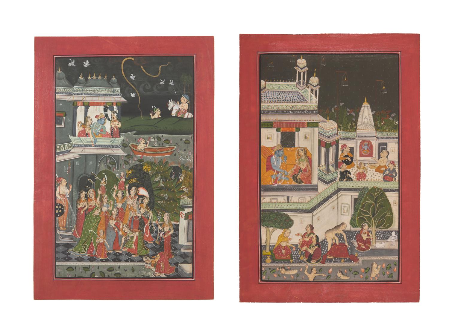 A Painting of Radha and Krishna Celebrating the Tej Festival and A Painting of Radha and Krishna Indoors Facing One Another, Probably Udaipur or Jaipur, India, 20th Century