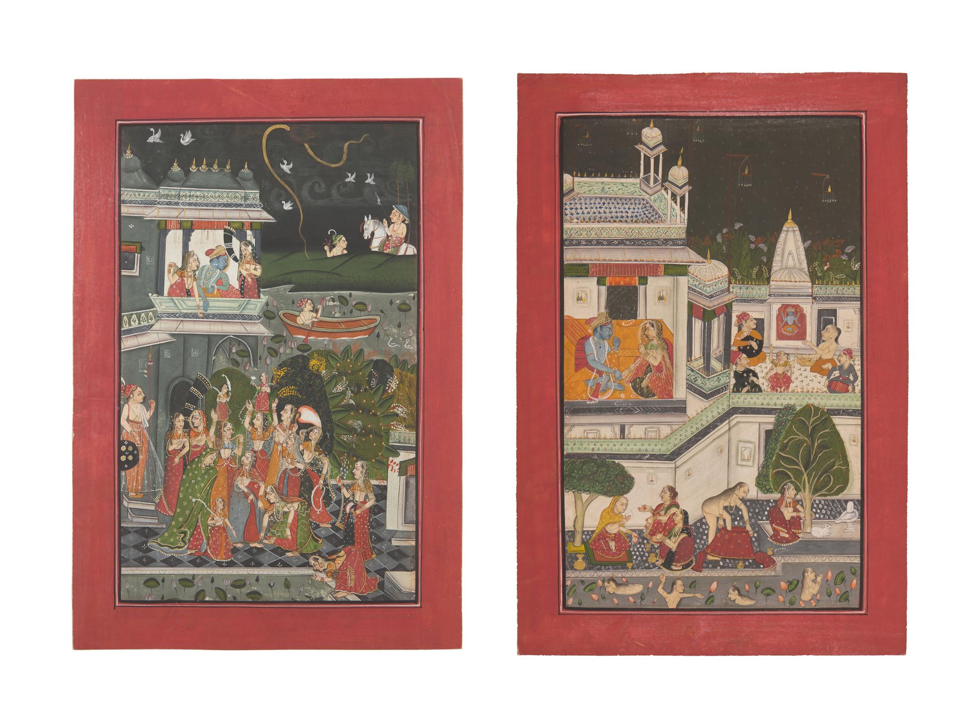 A Painting of Radha and Krishna Celebrating the Tej Festival and A Painting of Radha and Krishna Indoors Facing One Another, Probably Udaipur or Jaipur, India, 20th Century