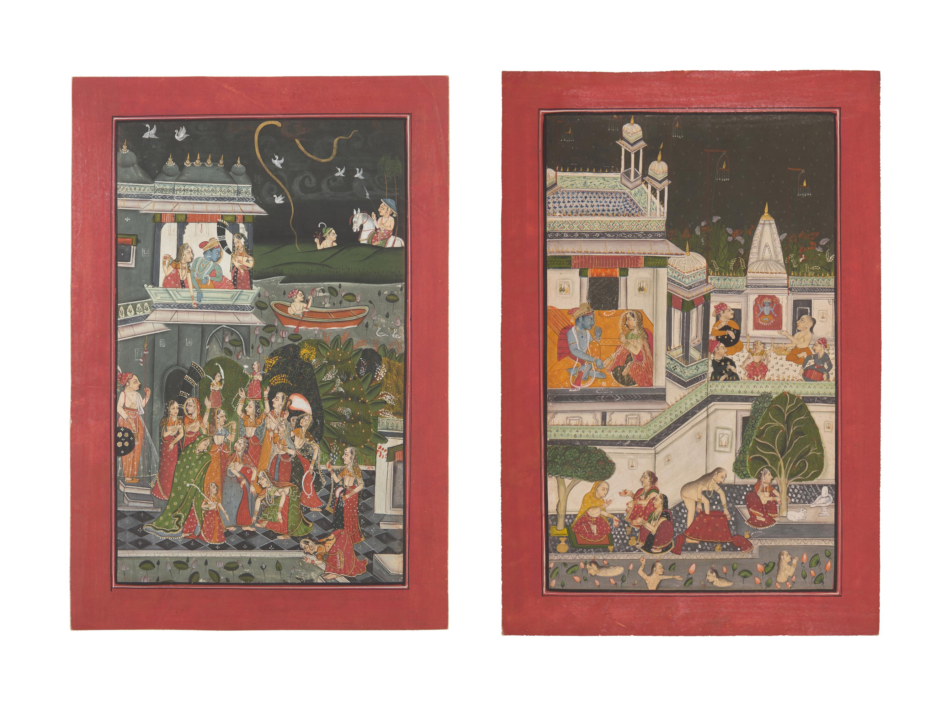 A Painting of Radha and Krishna Celebrating the Tej Festival and A Painting of Radha and Krishna Indoors Facing One Another, Probably Udaipur or Jaipur, India, 20th Century