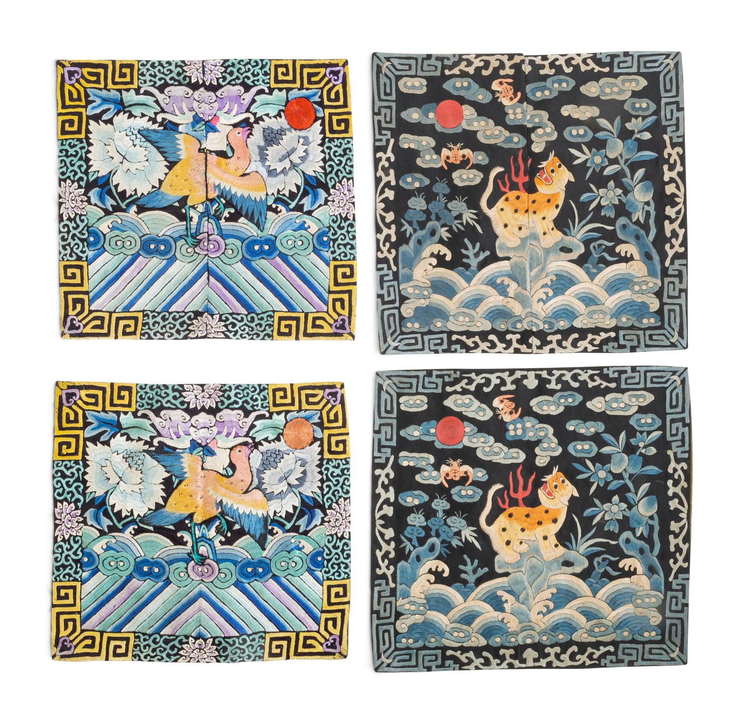 Two Pairs of Chinese Embroidered Silk Rank Badges, Buzi
