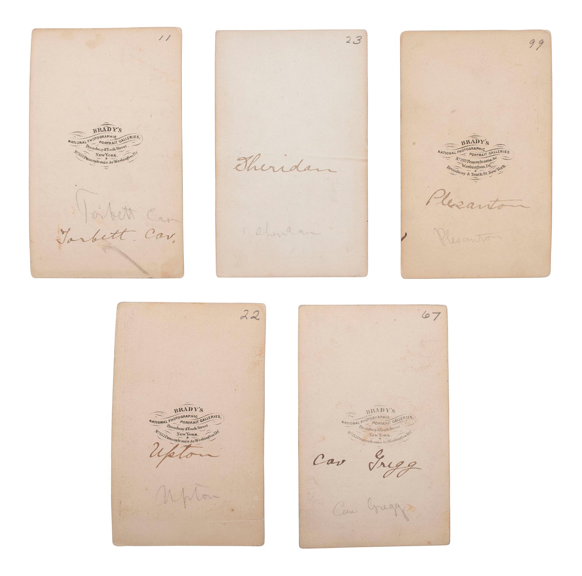 [CIVIL WAR - CAVALRY]. BRADY, Mathew (1822-1896), photographer. A group of 11 CDVs of Union Cavalry generals, incl. BUFORD, SHERIDAN, KILPATRICK, GREGG, TORBERT, KAUTZ, & STURGIS.