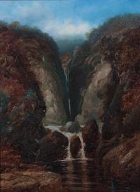 Clarence Roe, (English, 1850-1909), Landscape with Waterfall