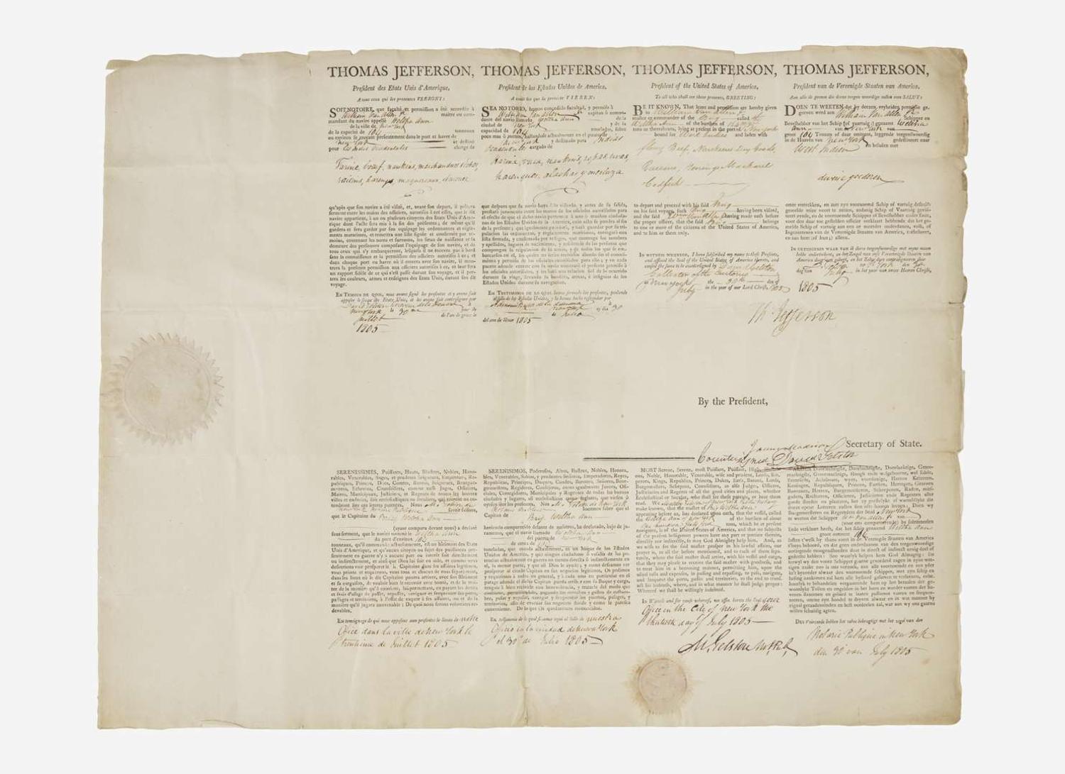 [Presidential] Jefferson, Thomas, and James Madison: Signed Ship's Passport