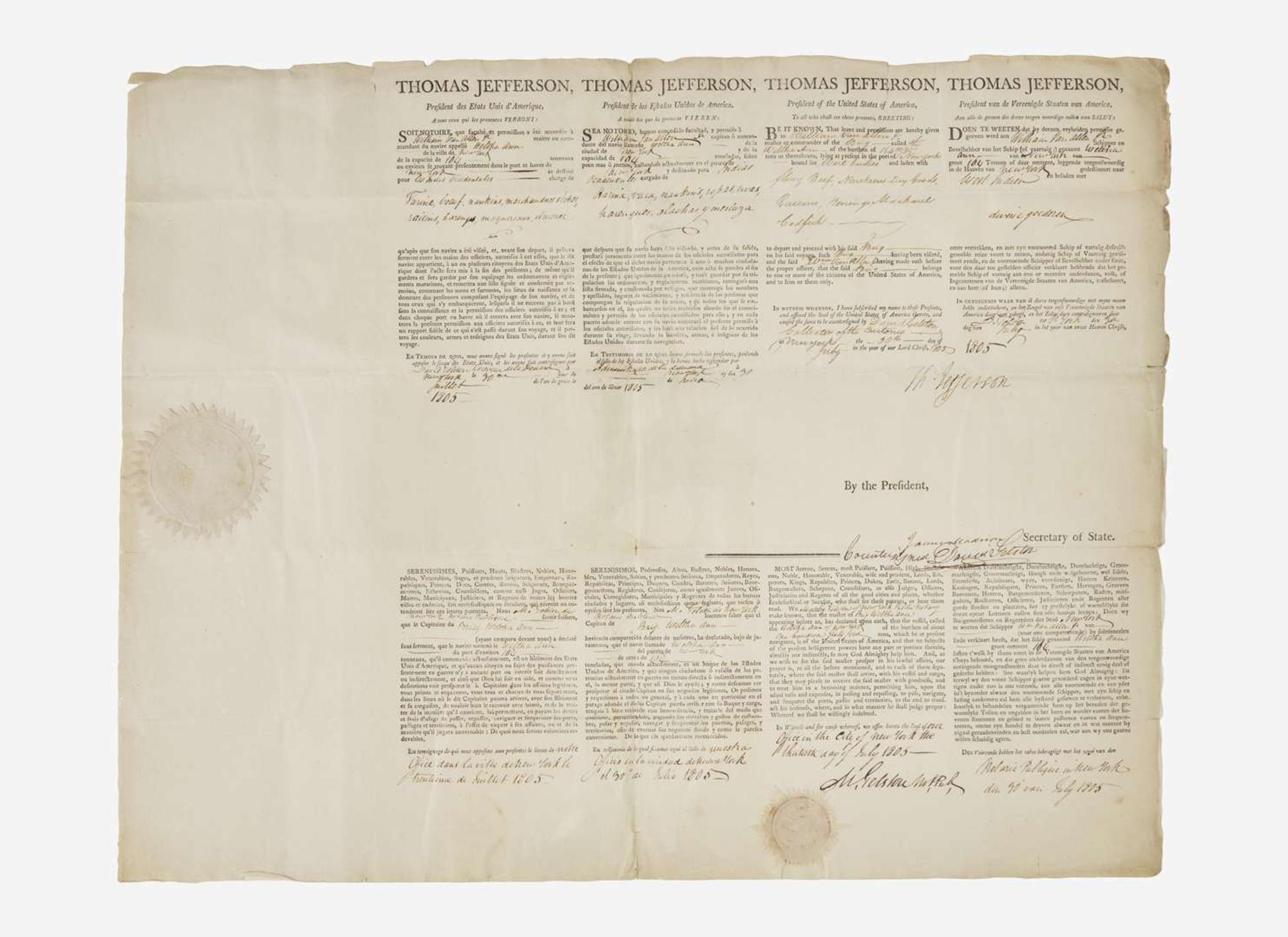 [Presidential] Jefferson, Thomas, and James Madison: Signed Ship's Passport