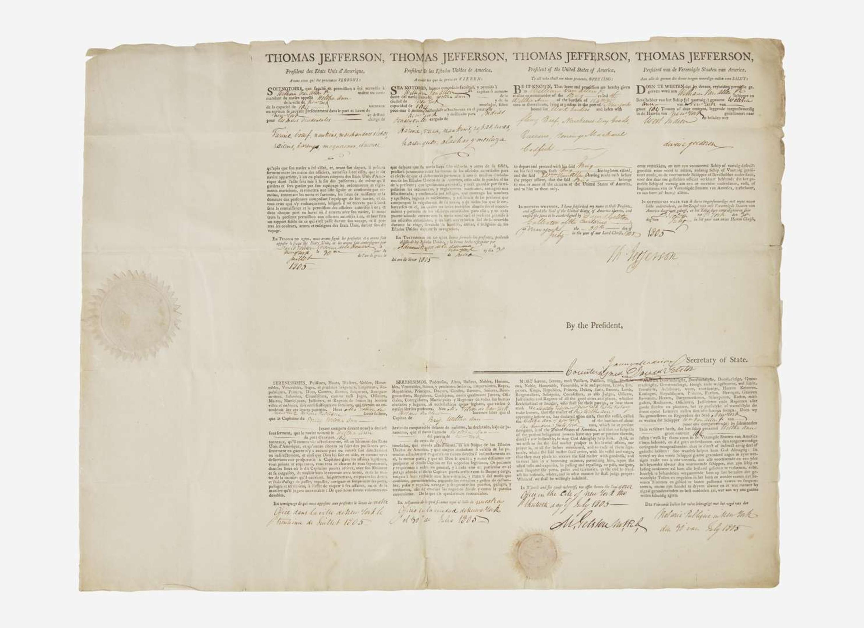 [Presidential] Jefferson, Thomas, and James Madison: Signed Ship's Passport