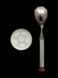 A Chinese Jade and Hardstone Inset Metal Ladle and A Chinese Jade Covered Box