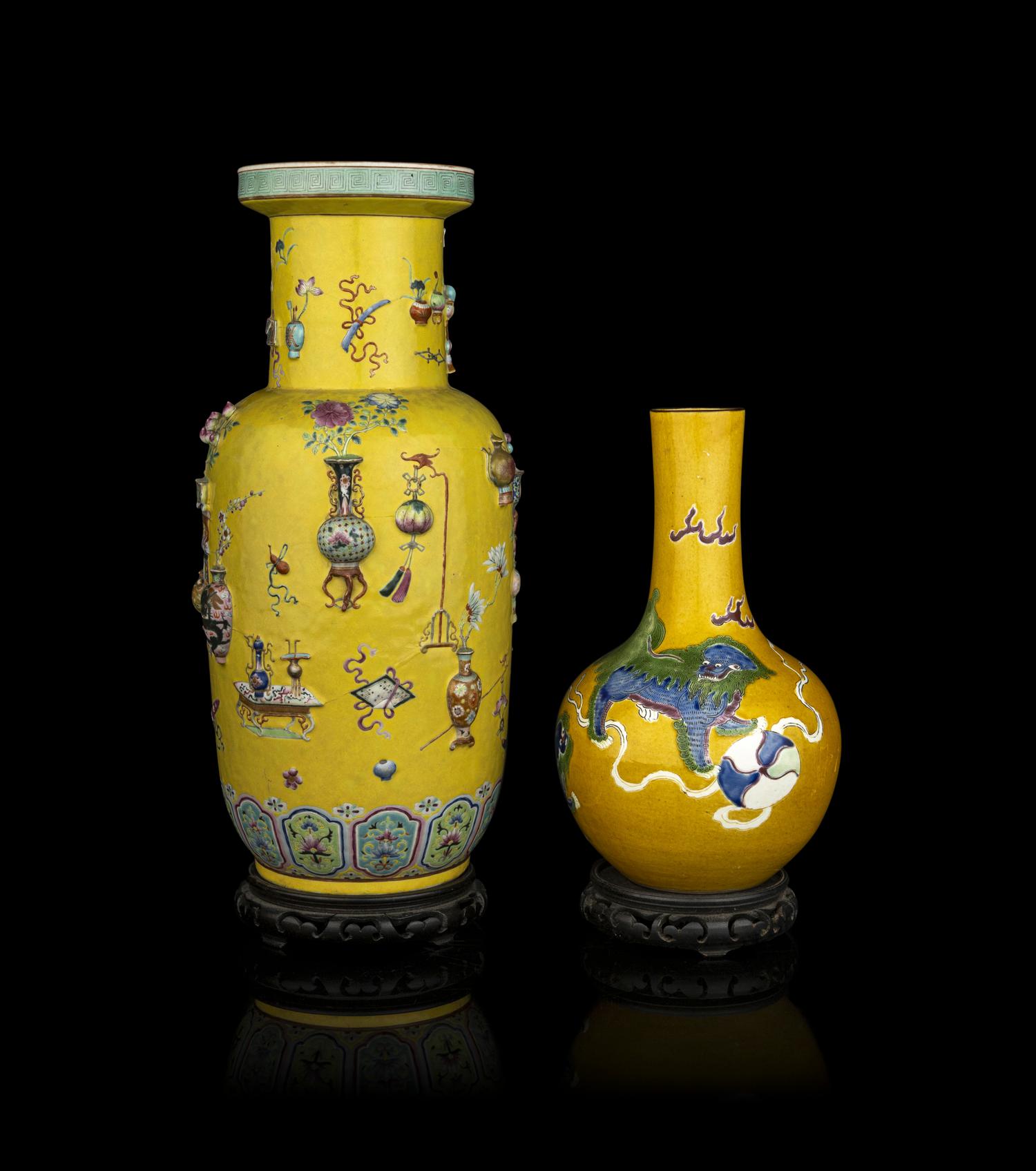 Two Chinese Yellow Ground Famille Rose Porcelain Vases