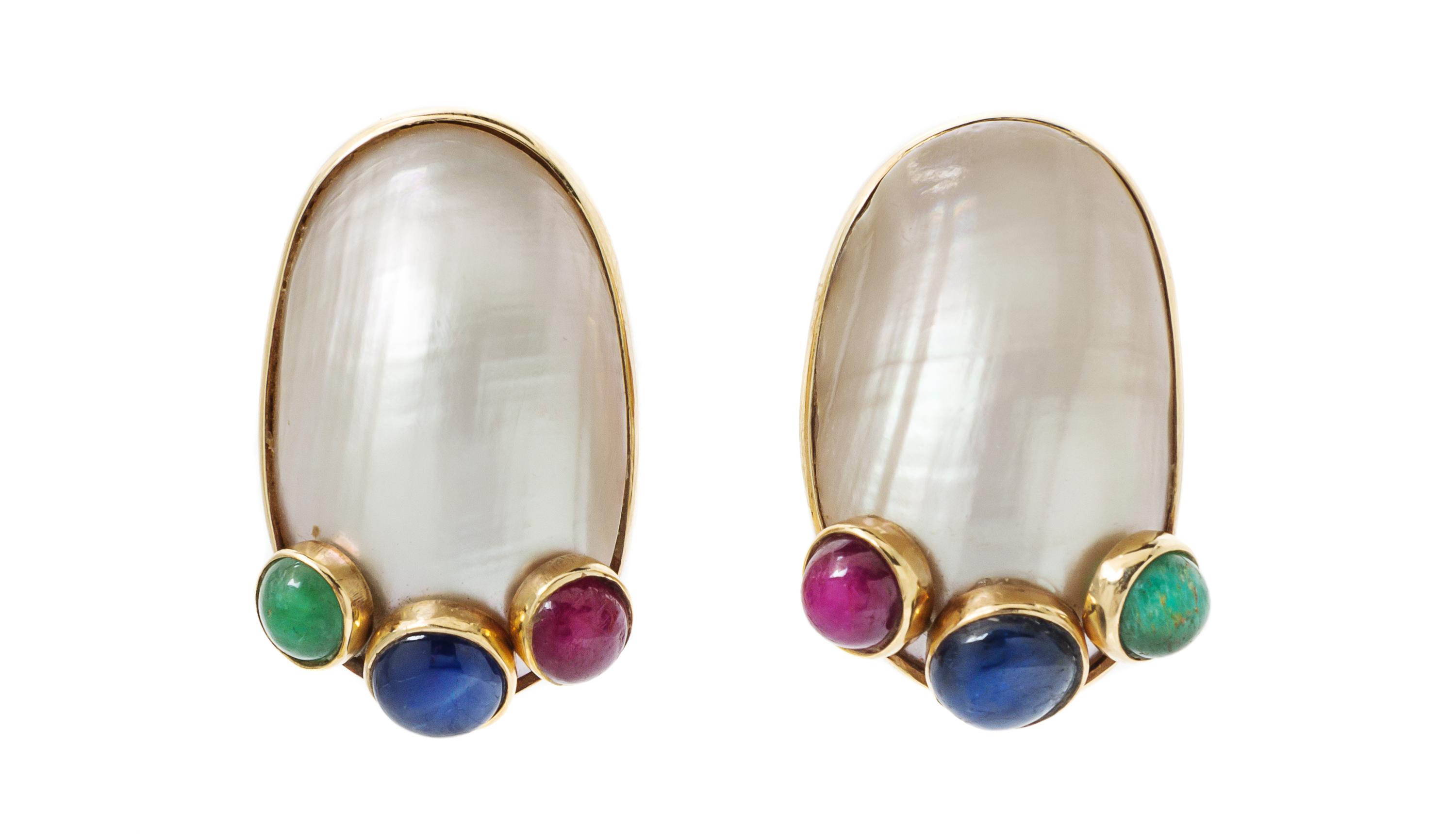 A Pair of 14 Karat Yellow Gold, Mabe Pearl and Multi Gem Earclips, Seaman Schepps, 16.30 dwts.