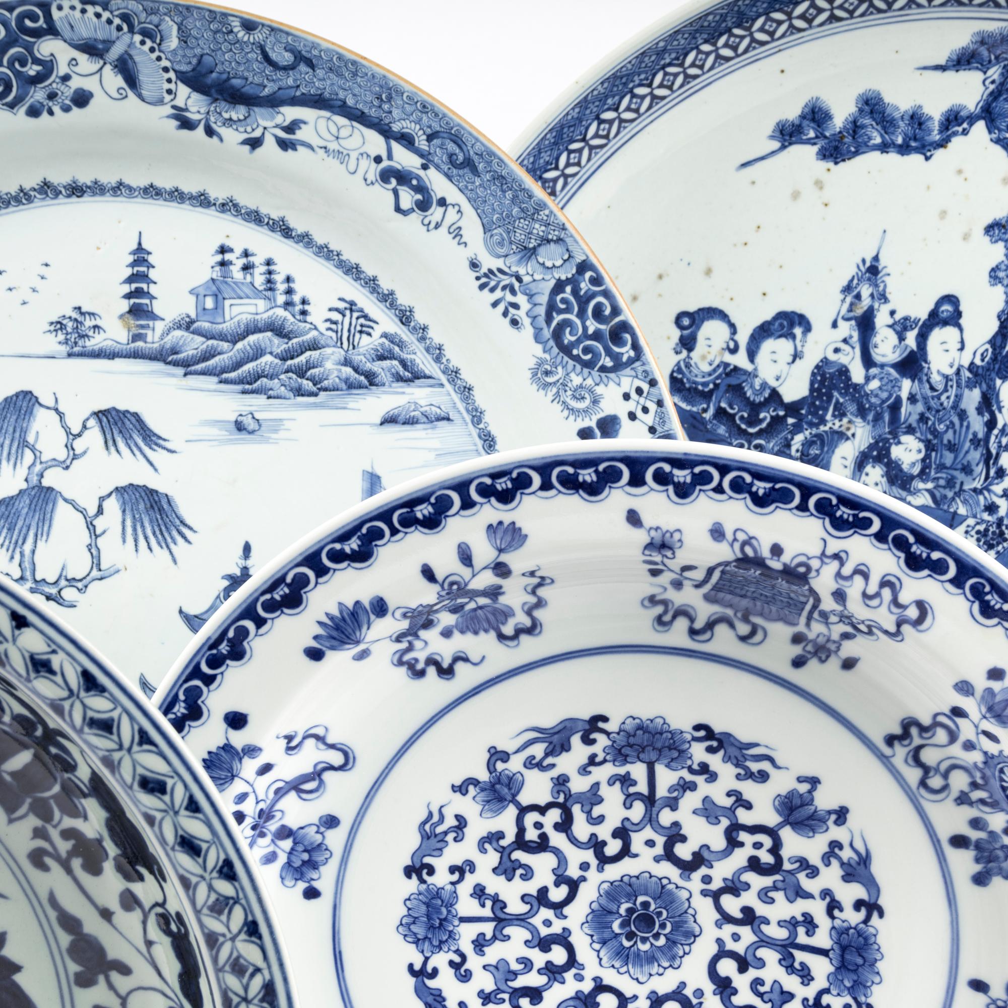 Seven Chinese Export Blue and White Porcelain Plates and Chargers