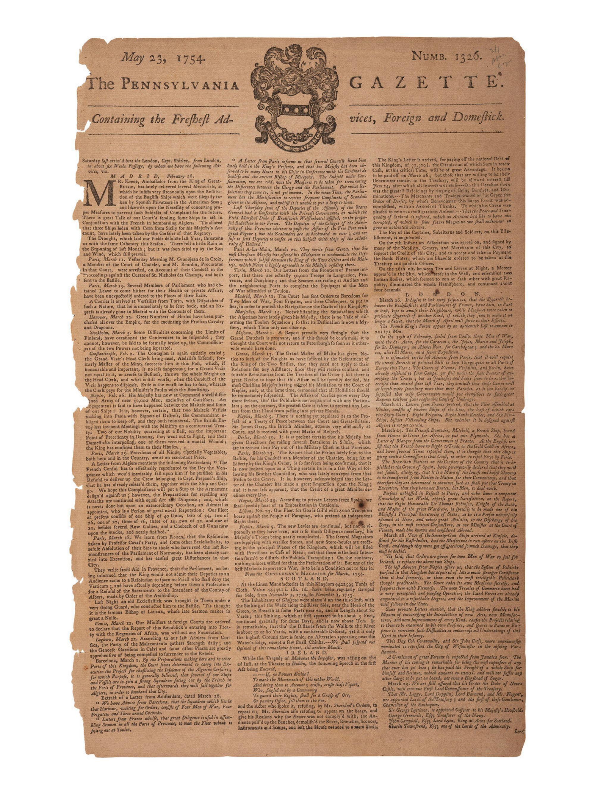 [FRENCH & INDIAN WAR] Albany Congress and Lake George feat. in 2 issues of the Pennsylvania Gazette .