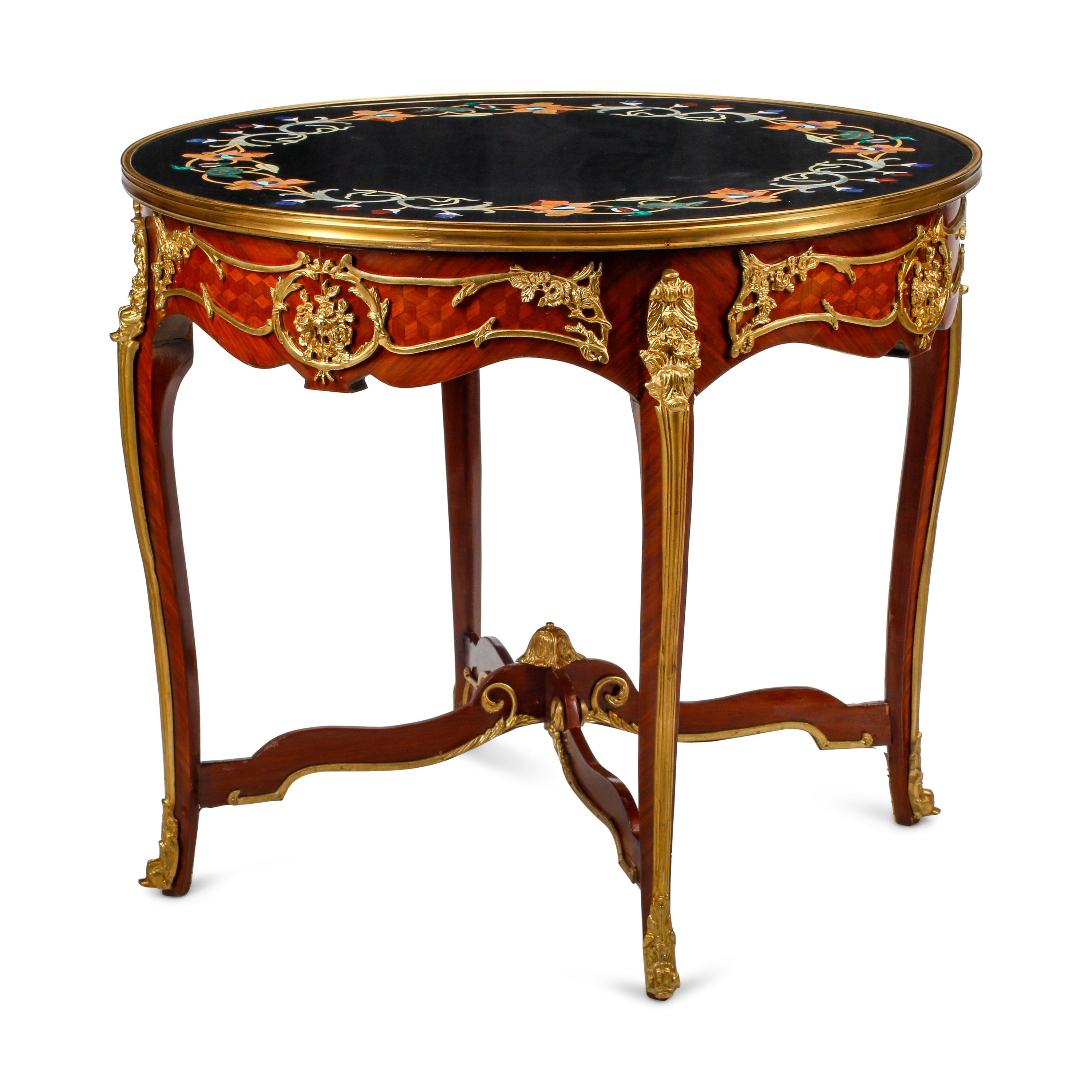 A Louis XV Style Parquetry, Specimen Marble and Gilt Bronze Mounted Table