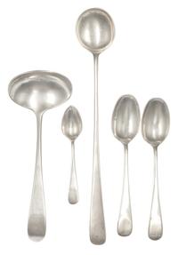 Five American Silver Spoons, Erickson Silver Shop, Gardner, MA, comprising a demitasse spoon, two teaspoons, a ladle and a serving spoo