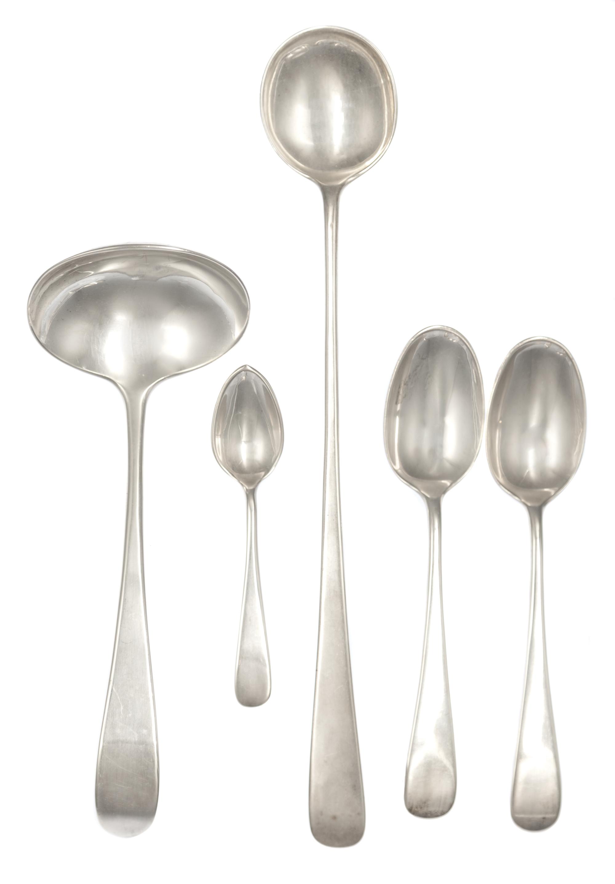 Five American Silver Spoons, Erickson Silver Shop, Gardner, MA, comprising a demitasse spoon, two teaspoons, a ladle and a serving spoo