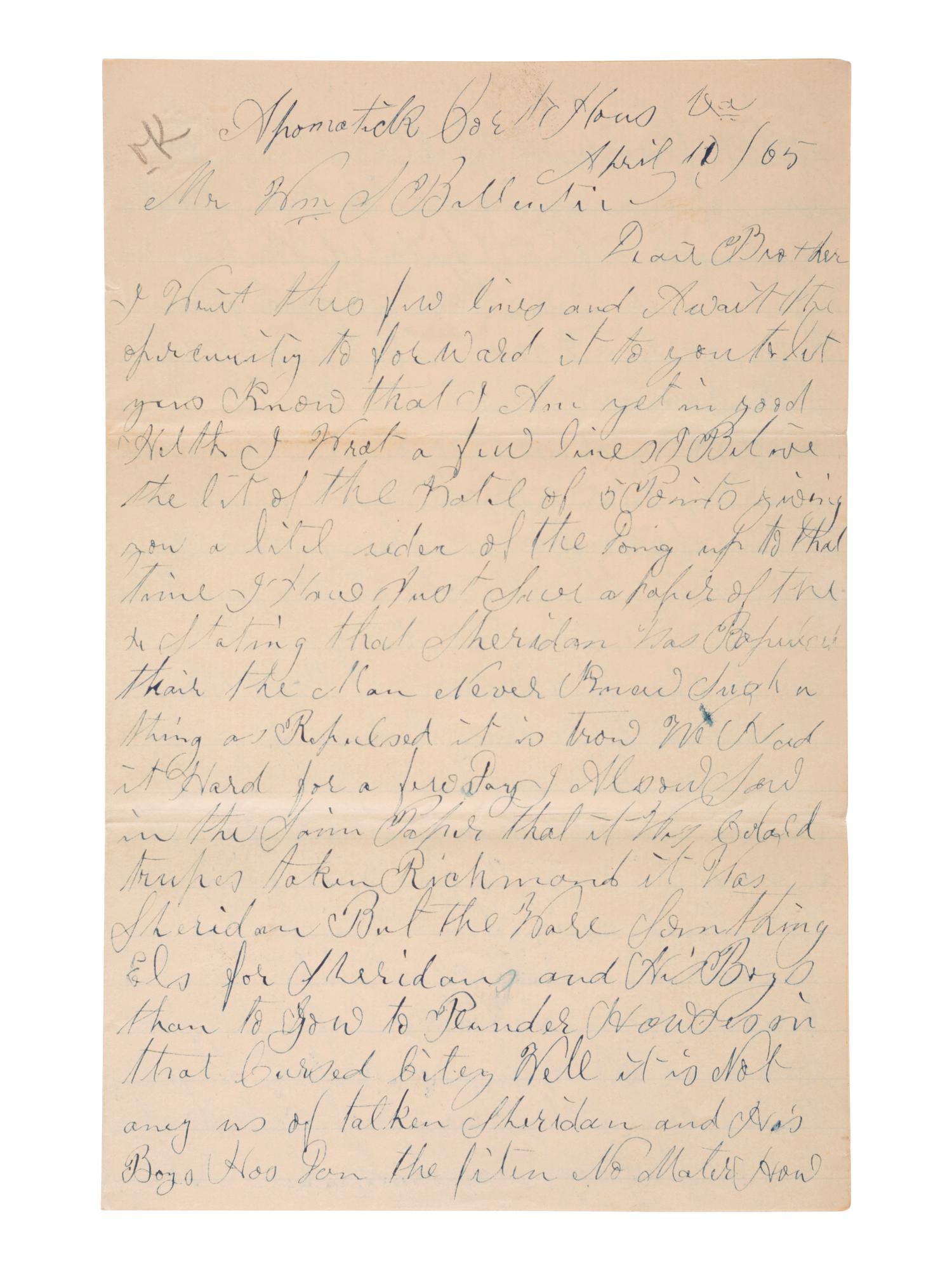 [CIVIL WAR]. Manuscript archive of Sergeant Hamilton Ballentine (1833-1920), Co. K, 6th Pennsylvania Cavalry, "Rush's Lancers," featuring battle content from key engagements and descriptions of "Sheridan's Raiders."