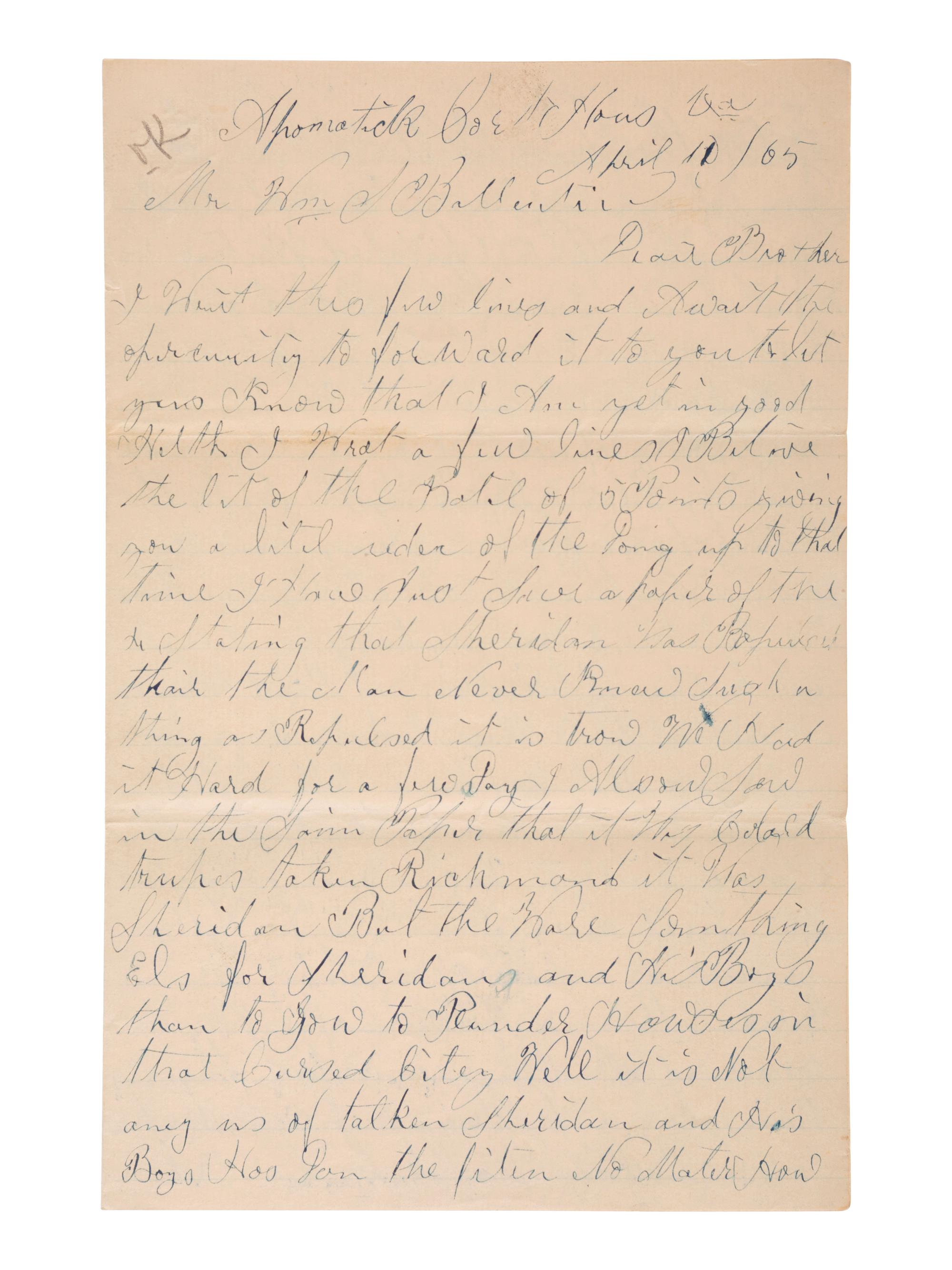[CIVIL WAR]. Manuscript archive of Sergeant Hamilton Ballentine (1833-1920), Co. K, 6th Pennsylvania Cavalry, "Rush's Lancers," featuring battle content from key engagements and descriptions of "Sheridan's Raiders."