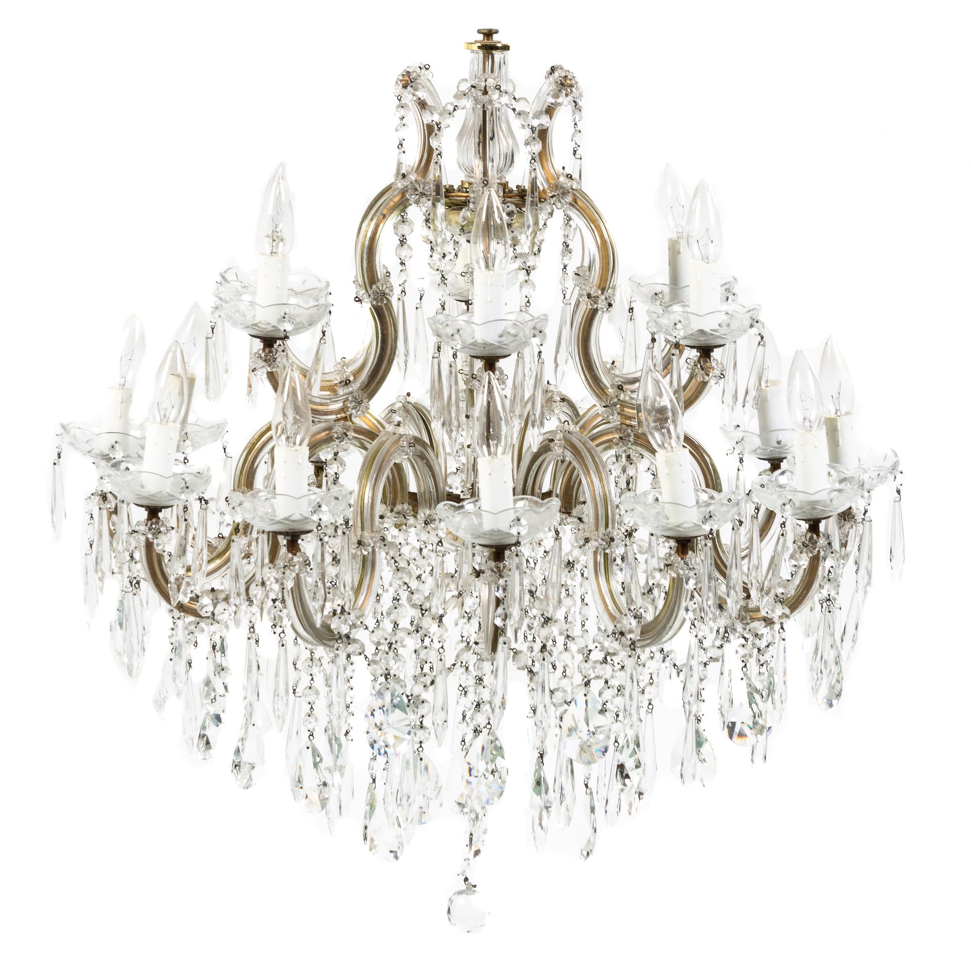 A Venetian Cased Glass Eighteen-Light Chandelier, Height 31 inches x diameter 28 inches.