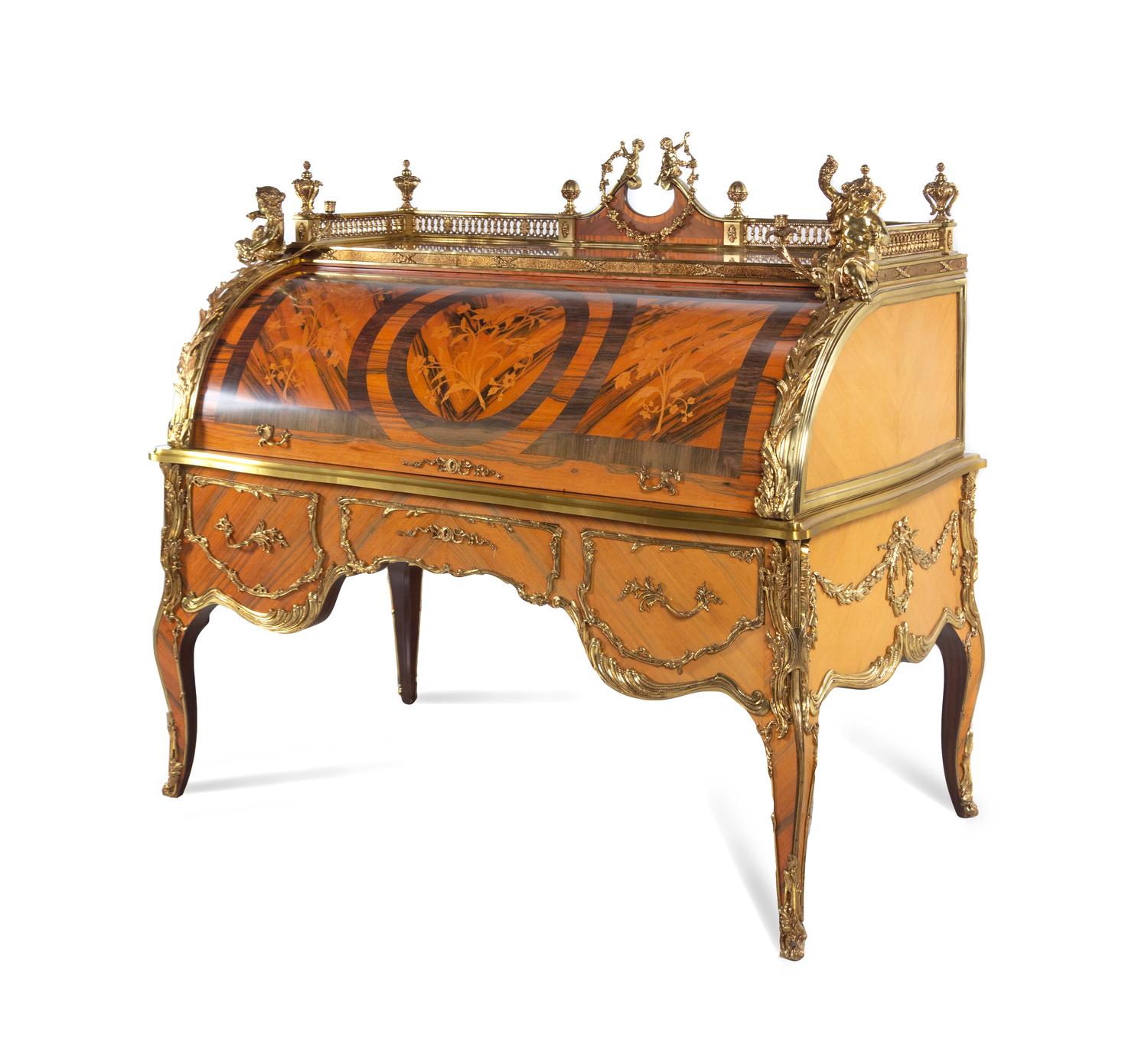A Louis XV Style Gilt Metal Mounted Marquetry Bureau à Cylindre