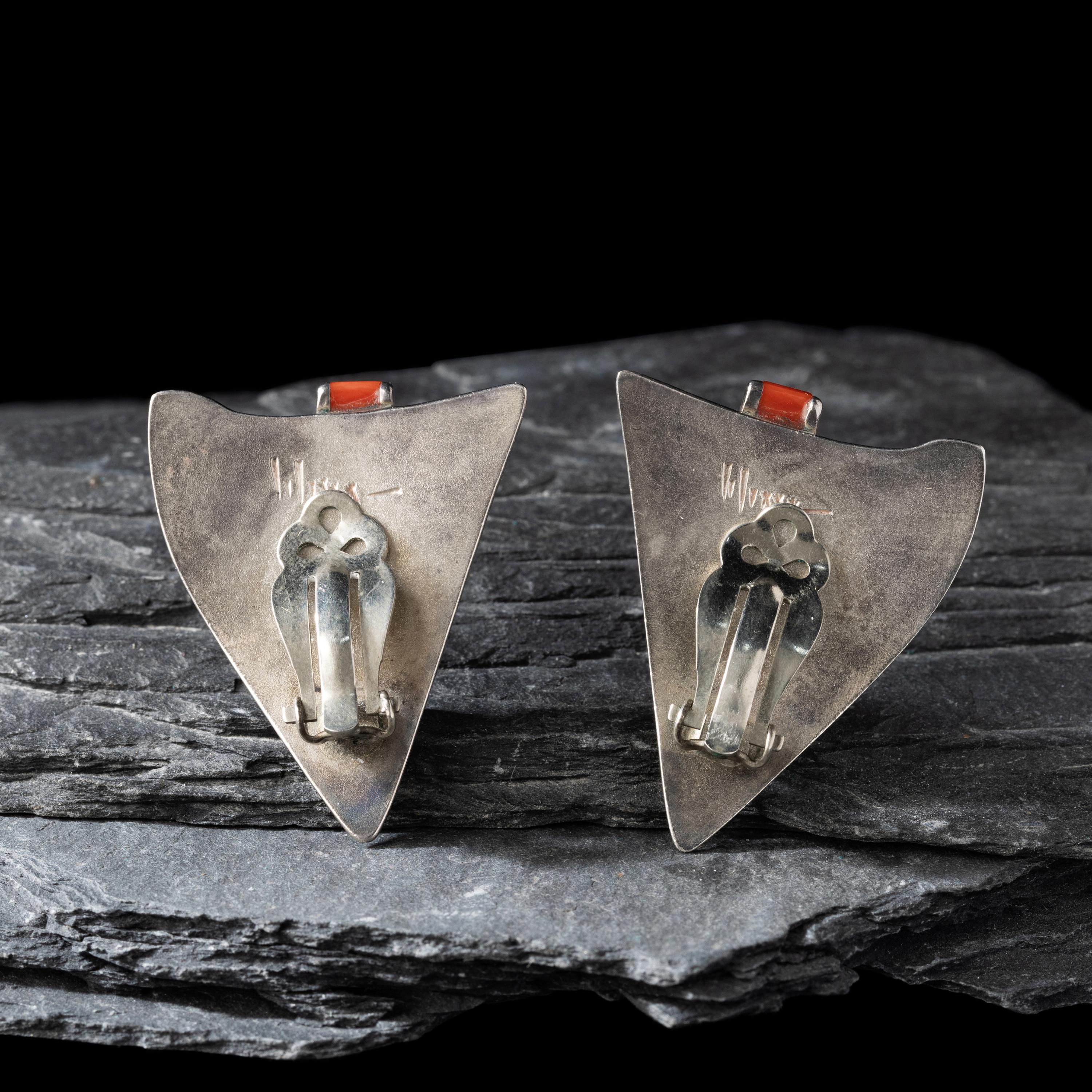 Charles Loloma (Hopi, 1921-1991) — Silver and Multi-stone Inlay Shield Clip Earrings