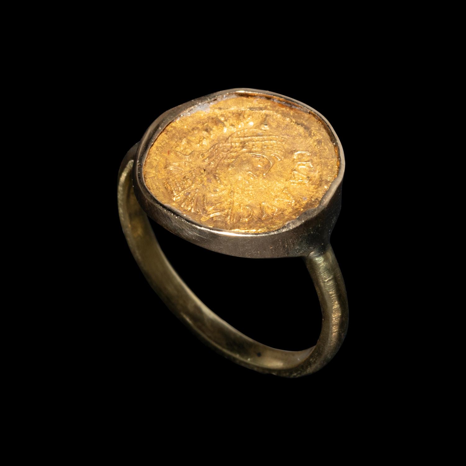 A Byzantine Gold Tremissis of the Empress Aelia Verina — Set in a gold ring