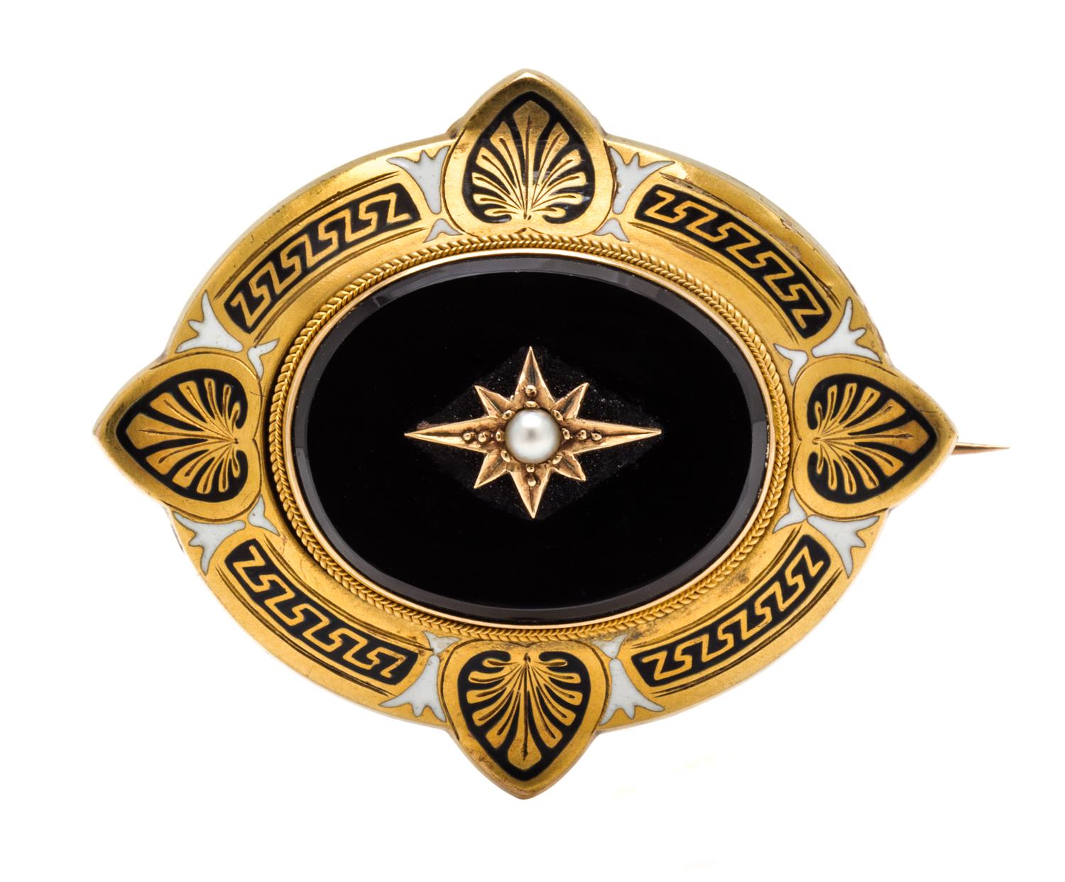 A Victorian Onyx, Pearl and Enamel Mourning Pendant/Brooch, Circa 1868, 8.80 dwts.