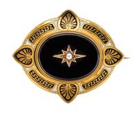 A Victorian Onyx, Pearl and Enamel Mourning Pendant/Brooch, Circa 1868, 8.80 dwts.