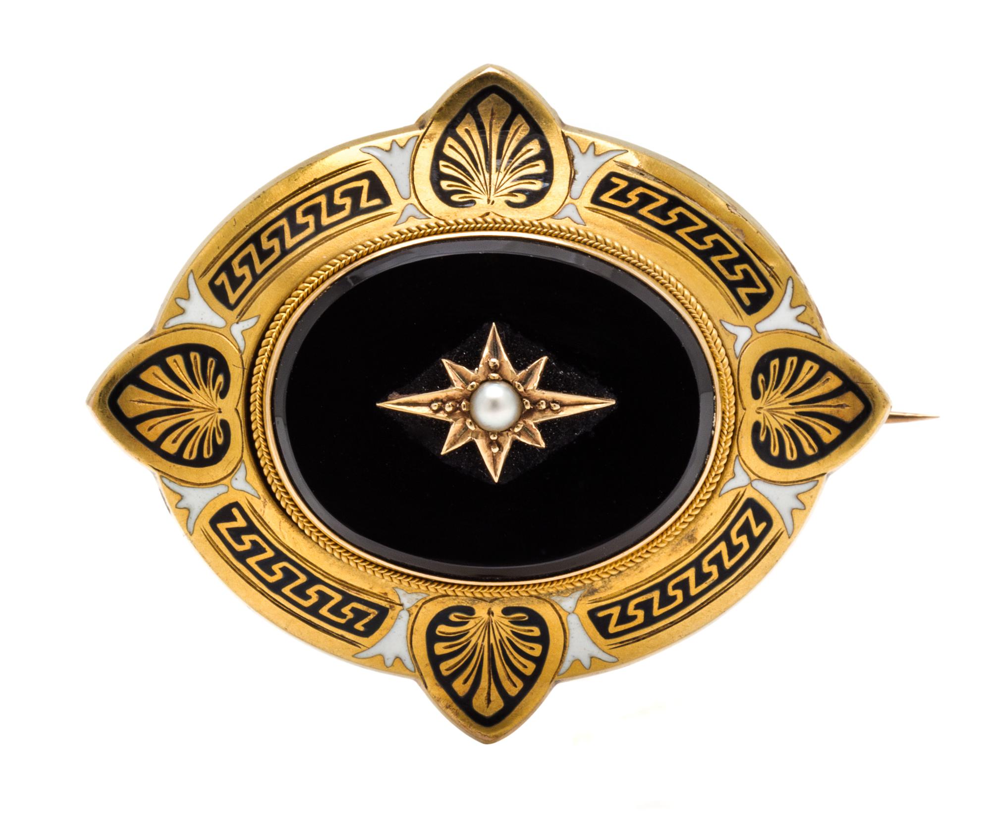 A Victorian Onyx, Pearl and Enamel Mourning Pendant/Brooch, Circa 1868, 8.80 dwts.