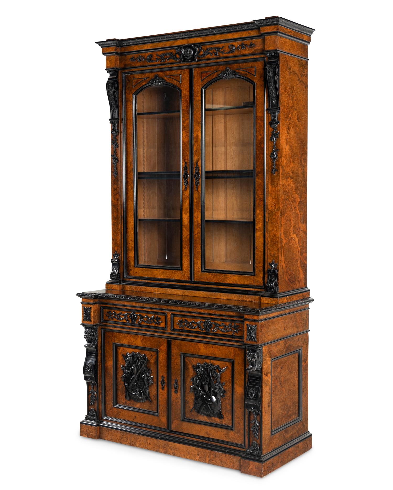 A Pair of German Burl Walnut and Part Ebonized Library Cabinets