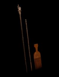 Four Colima Female Figures, Two Akan Wood Spears, and a Wood Comb