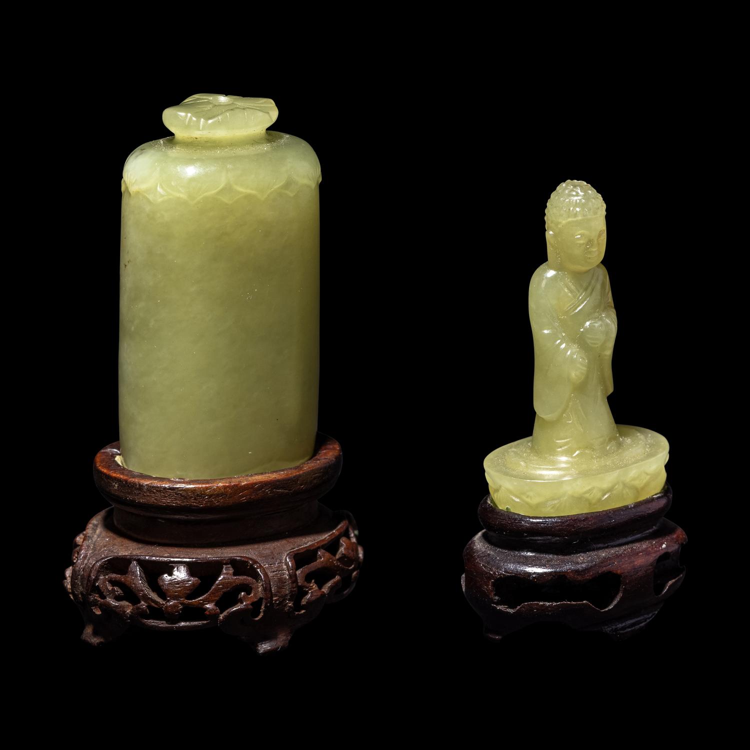 A Small Chinese Yellow Jade Figure of Buddha and Shrine