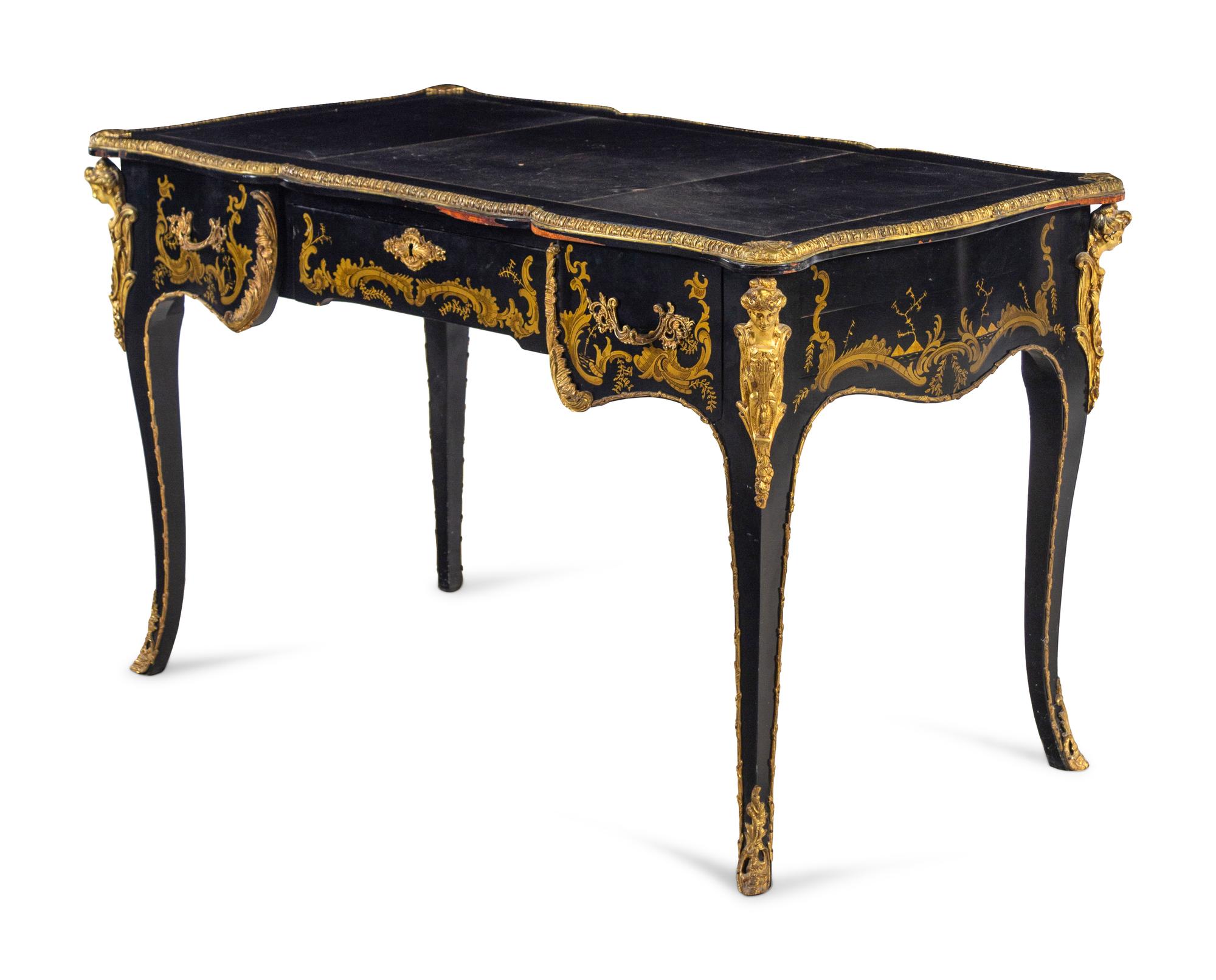 A Louis XV Style Gilt Bronze Mounted Lacquered Bureau Plat