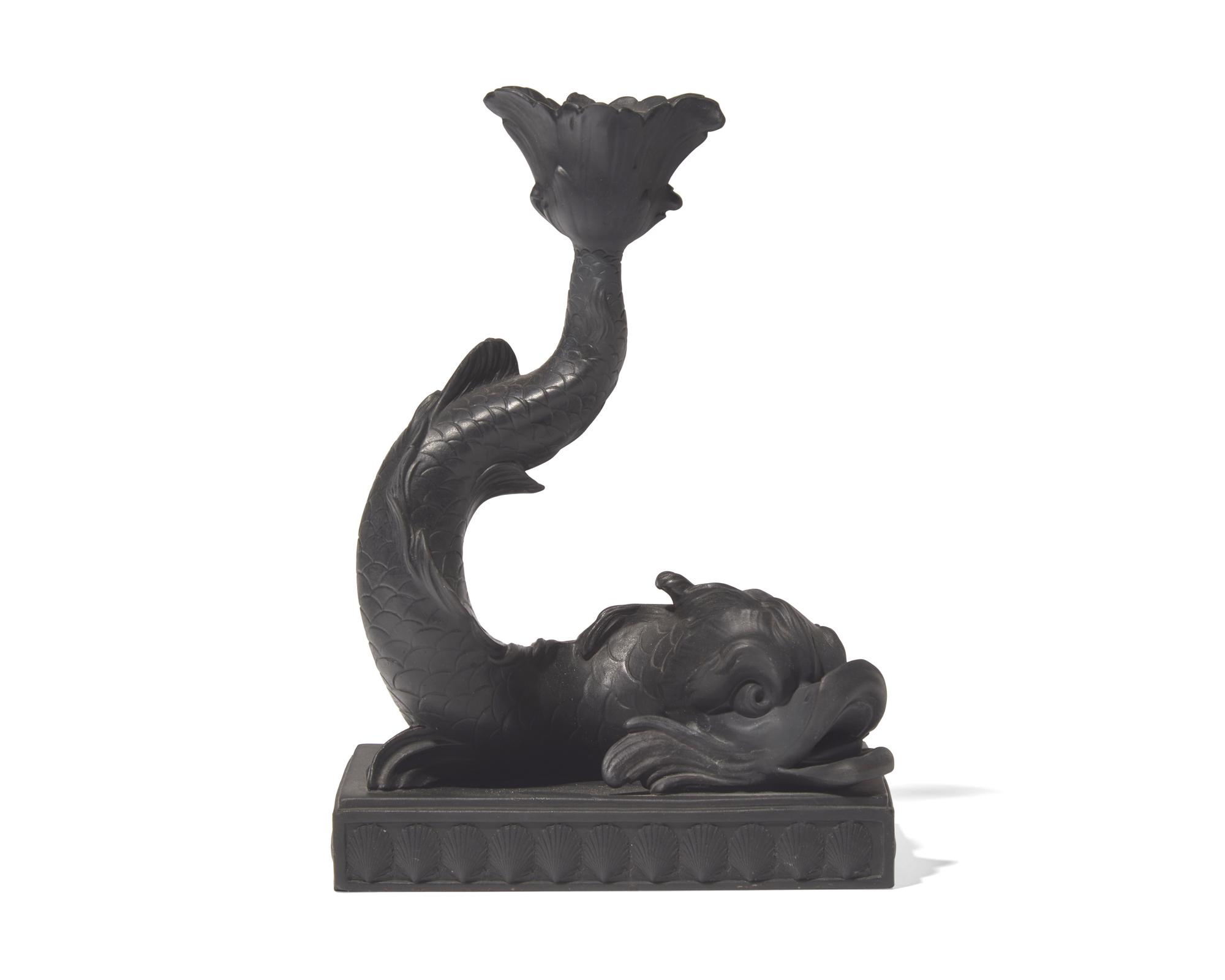 A Wedgwood Black Basalt Dolphin Candlestick