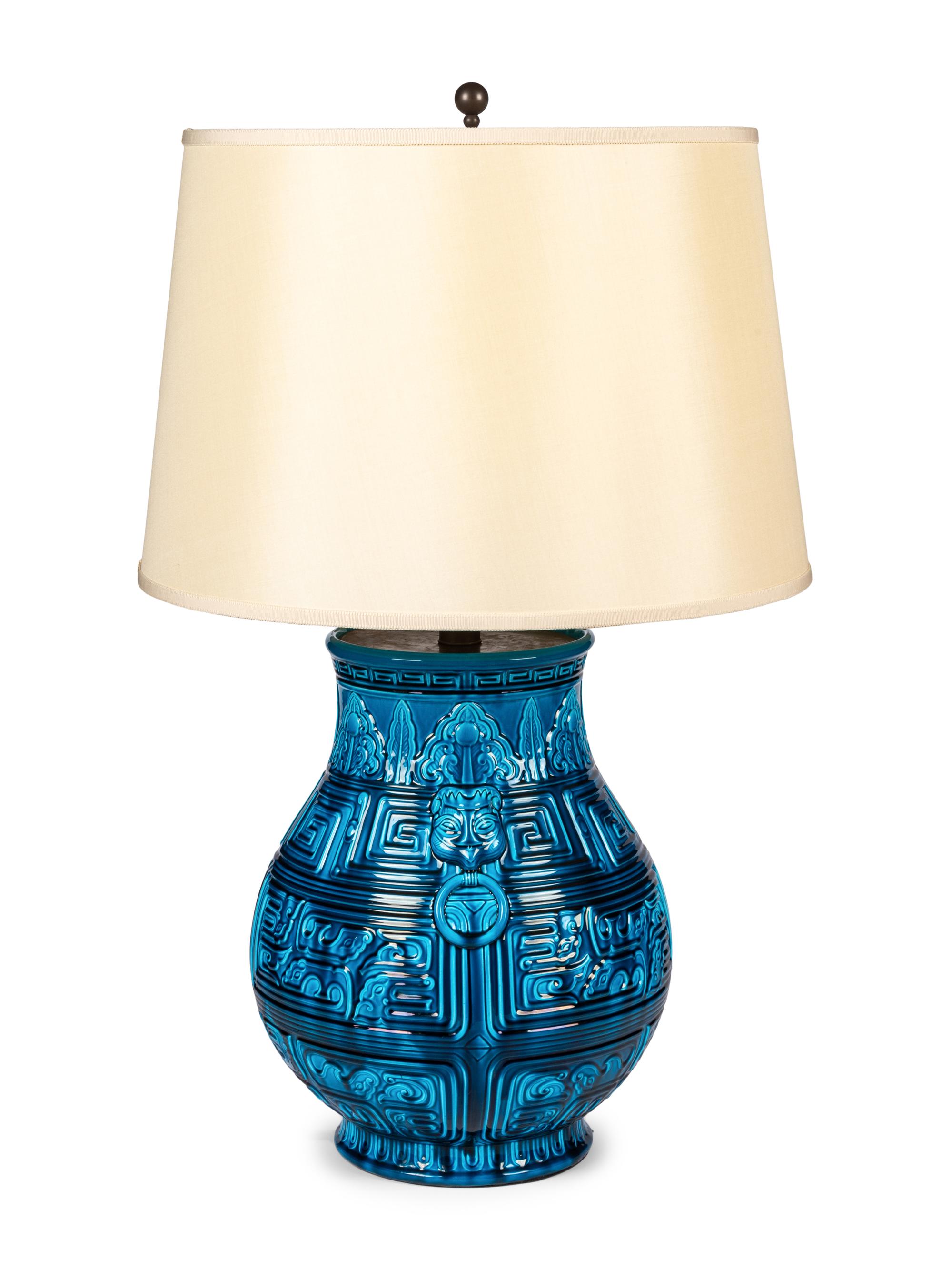 An Archaic Style Turquoise-Glazed Pottery Vase Mounted as a Lamp