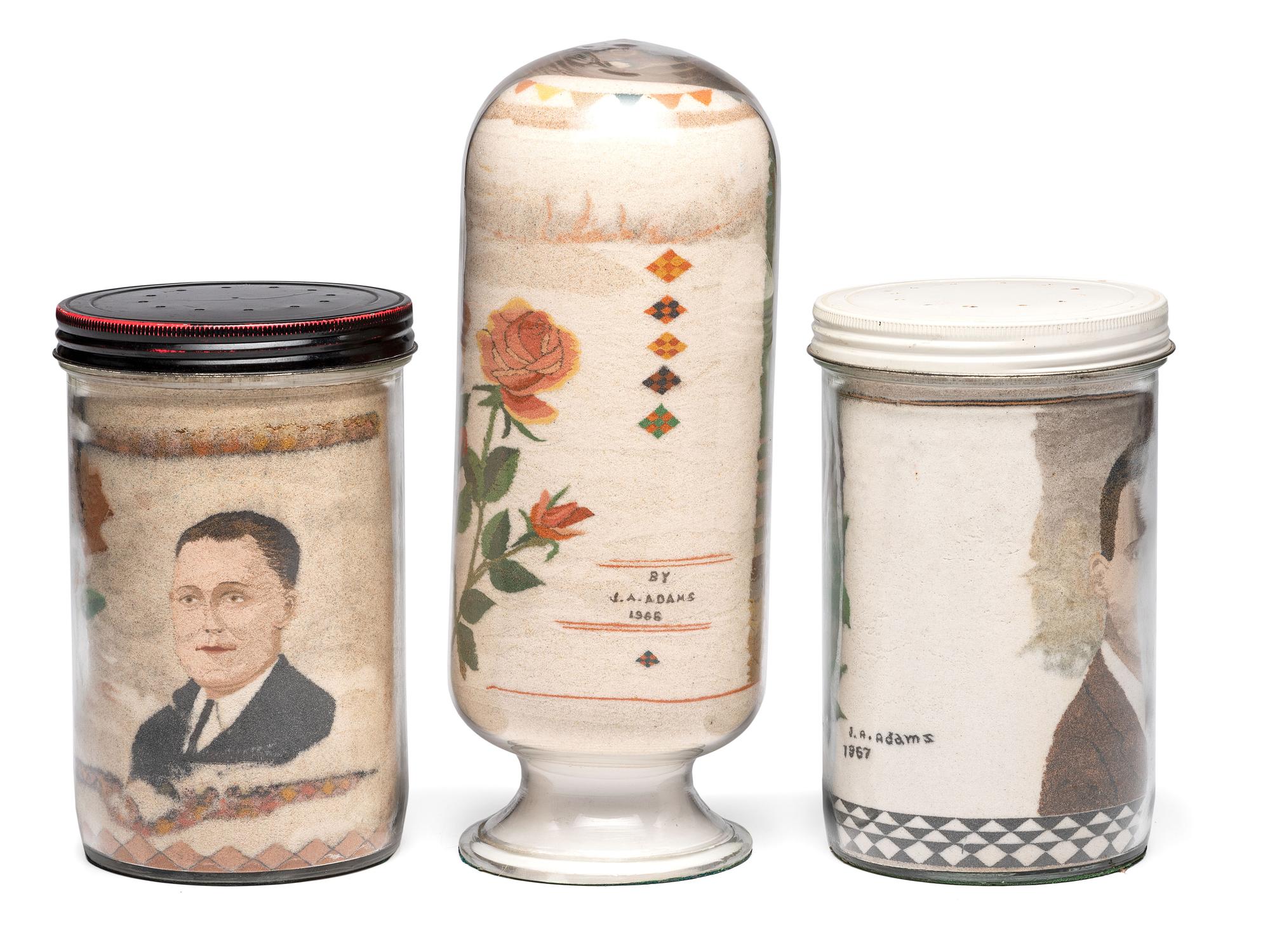 A Collection of John A. Adams Sand Art Bottles, Along with Custom Box and Unused Bottle