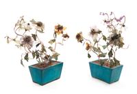 A Pair of Chinese Turquoise Glazed Cachepots with Hardstone Trees Height of tallest overall 22 1/4 inches. — LATE 19TH/EARLY 20TH CENTURY