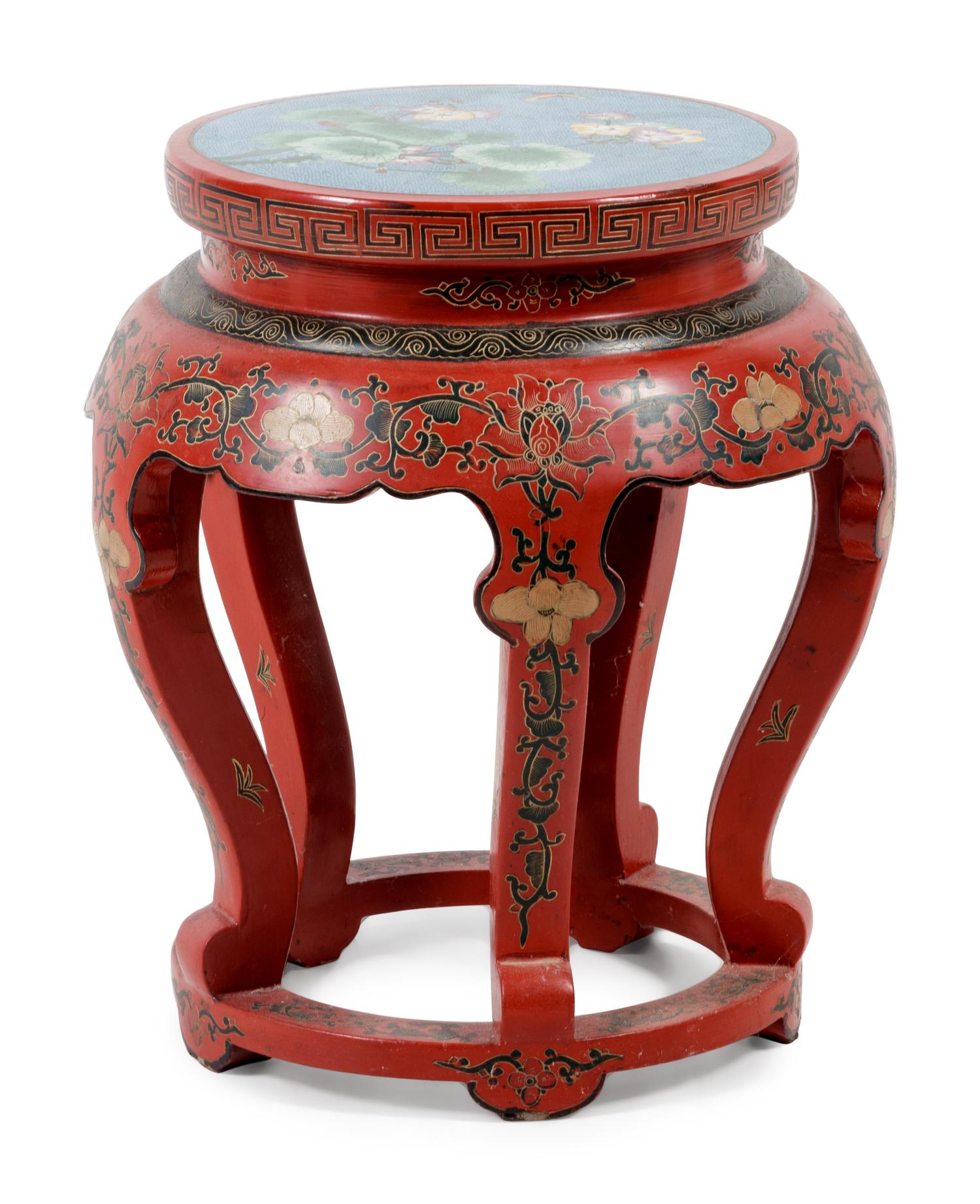 A Chinese Export Cloisonné Inset and Red Lacquered Jardinière Stand
