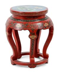 A Chinese Export Cloisonné Inset and Red Lacquered Jardinière Stand