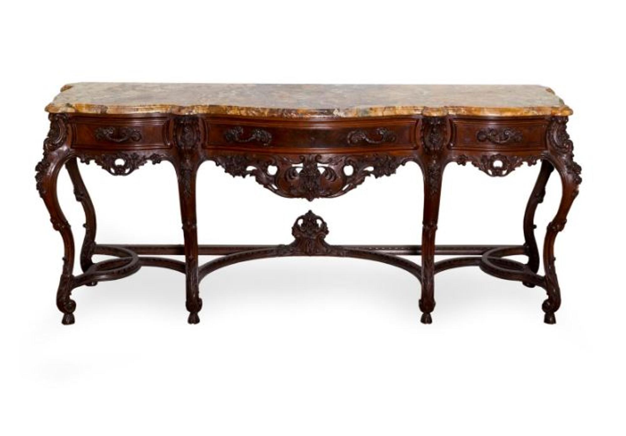 A Louis XV Style Carved Mahogany Marble Top Console/Buffet — 20TH CENTURY