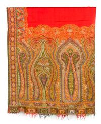 A Group of Pillows and Two Paisley Coverlets Larger paisley 10 feet 11 inches x 5 feet 4 inches.