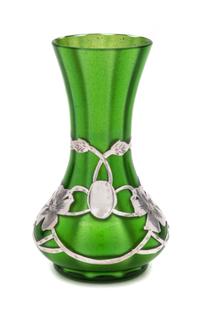 A Loetz Silver Overlay Grun Metallin Glass Vase Height 5 inches.