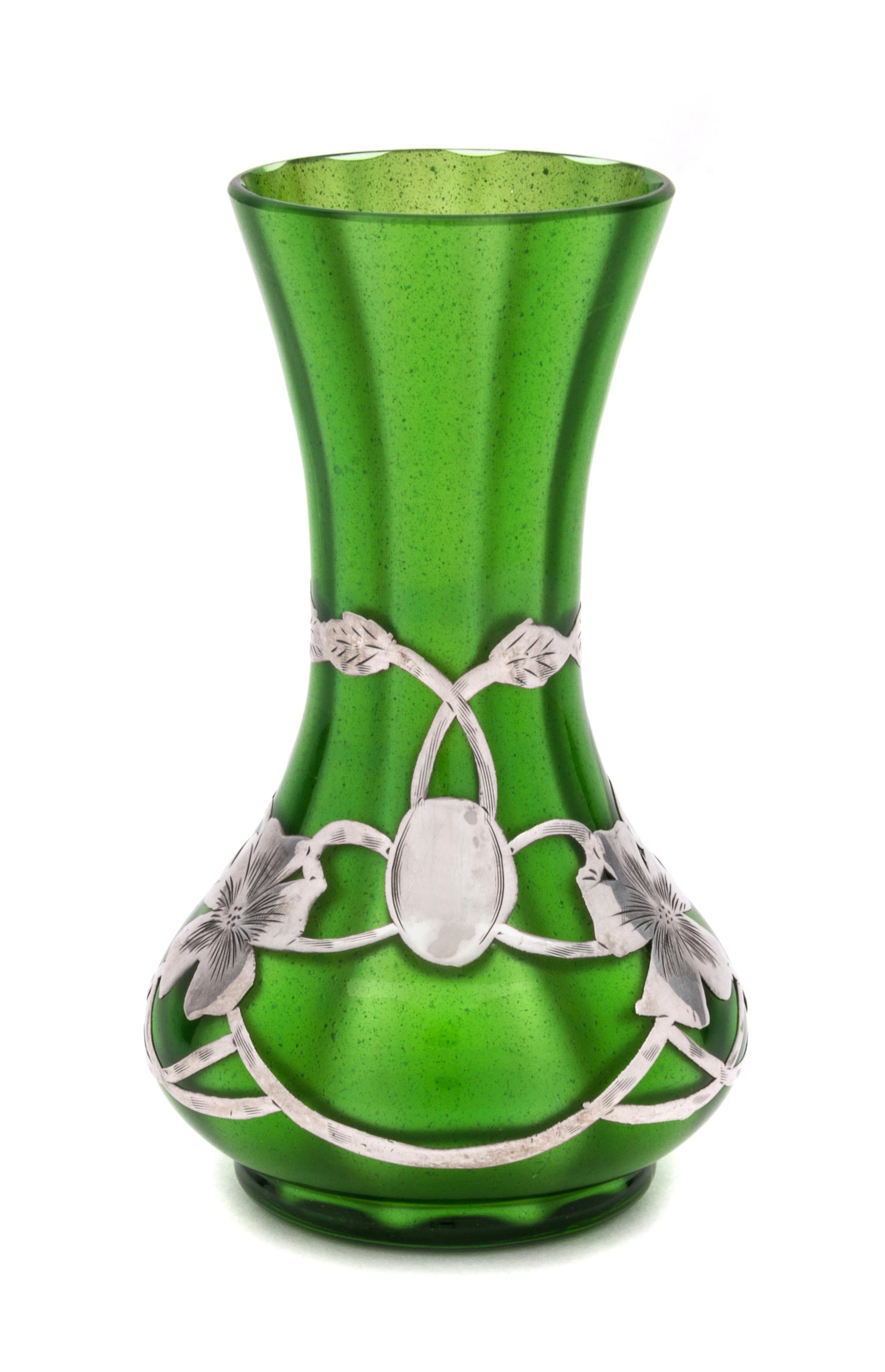 A Loetz Silver Overlay Grun Metallin Glass Vase Height 5 inches.