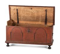 A Chippendale Red and Black Paint Decorated Wrought-Iron Mounted Poplar Blanket Chest