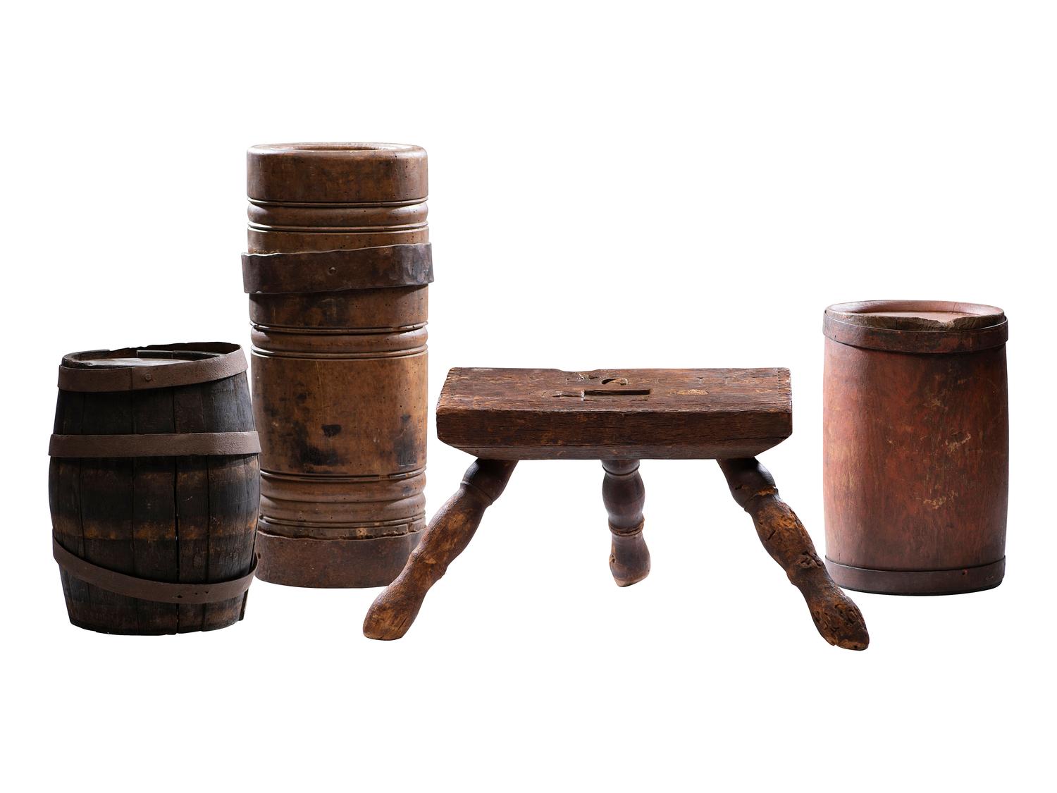[AMERICANA]. 4 items fashioned in wood, incl. canteens & a footstool. Ca 18th-19th century.
