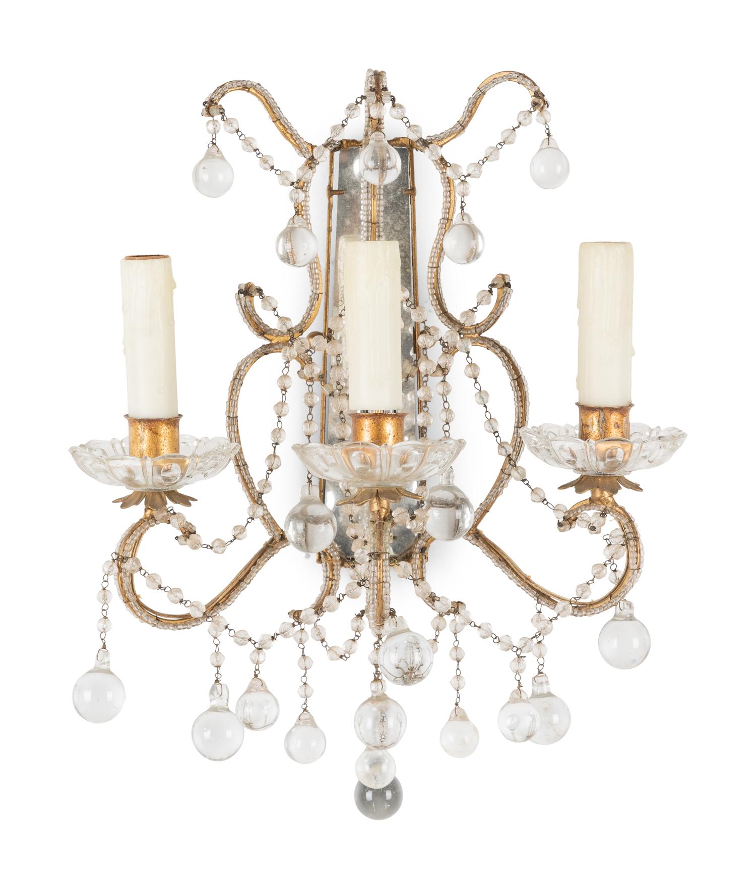 A Pair of Beaded Three-Light Sconces