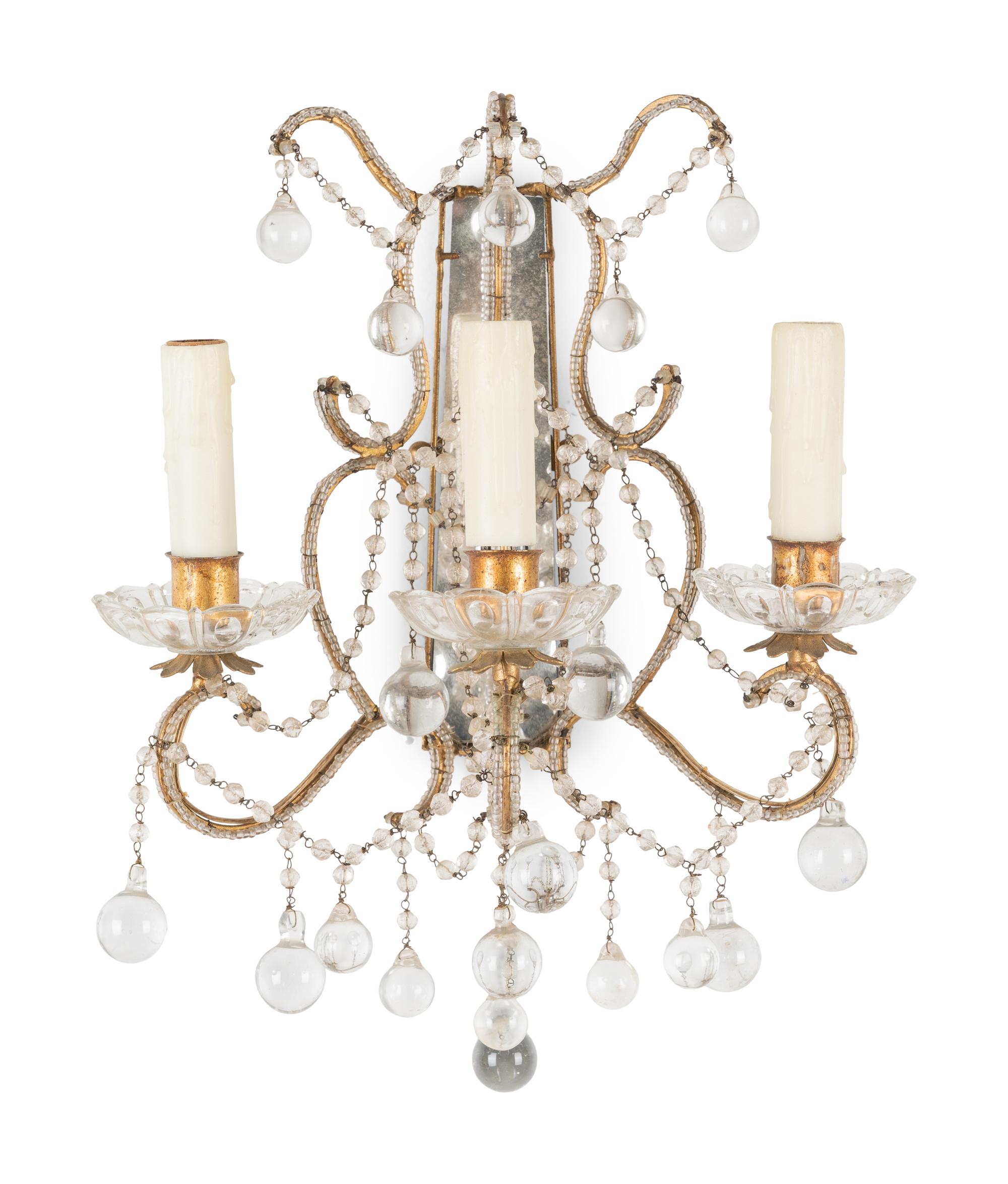 A Pair of Beaded Three-Light Sconces