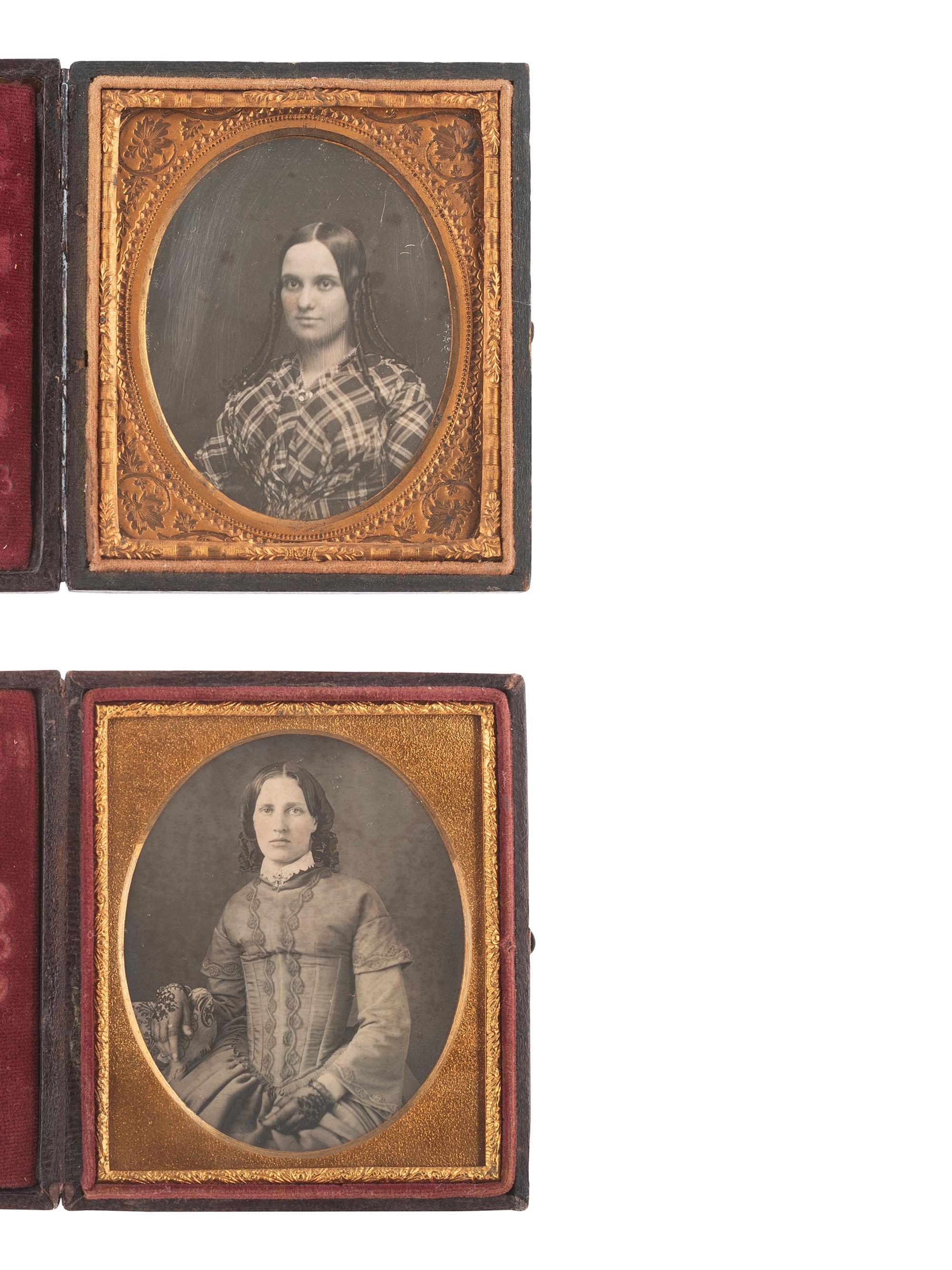 [EARLY PHOTOGRAPHY]. 14 sixth plate daguerreotypes of women and girls with curled and braided hair.