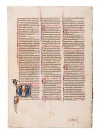 UNKNOWN SOUTH FRENCH ILLUMINATOR A leaf from the Mailhac-Faber Bible, with a historiated initial ‘C’ of a Young Saint, in Latin, illuminated manuscript on parchment [France, Southern France, late thirteenth or early fourteenth century]